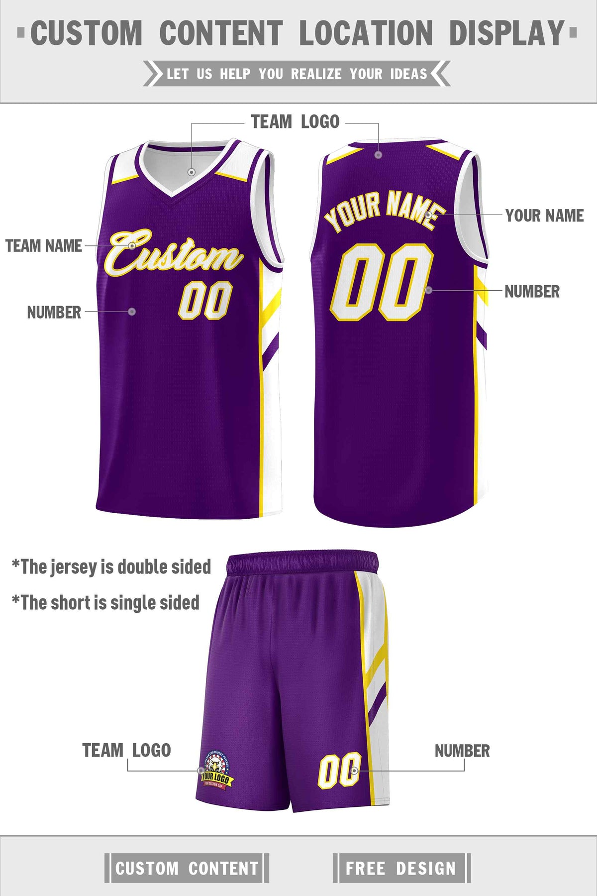 Custom Purple White-Yellow Classic Sets Sports Uniform Basketball Jersey