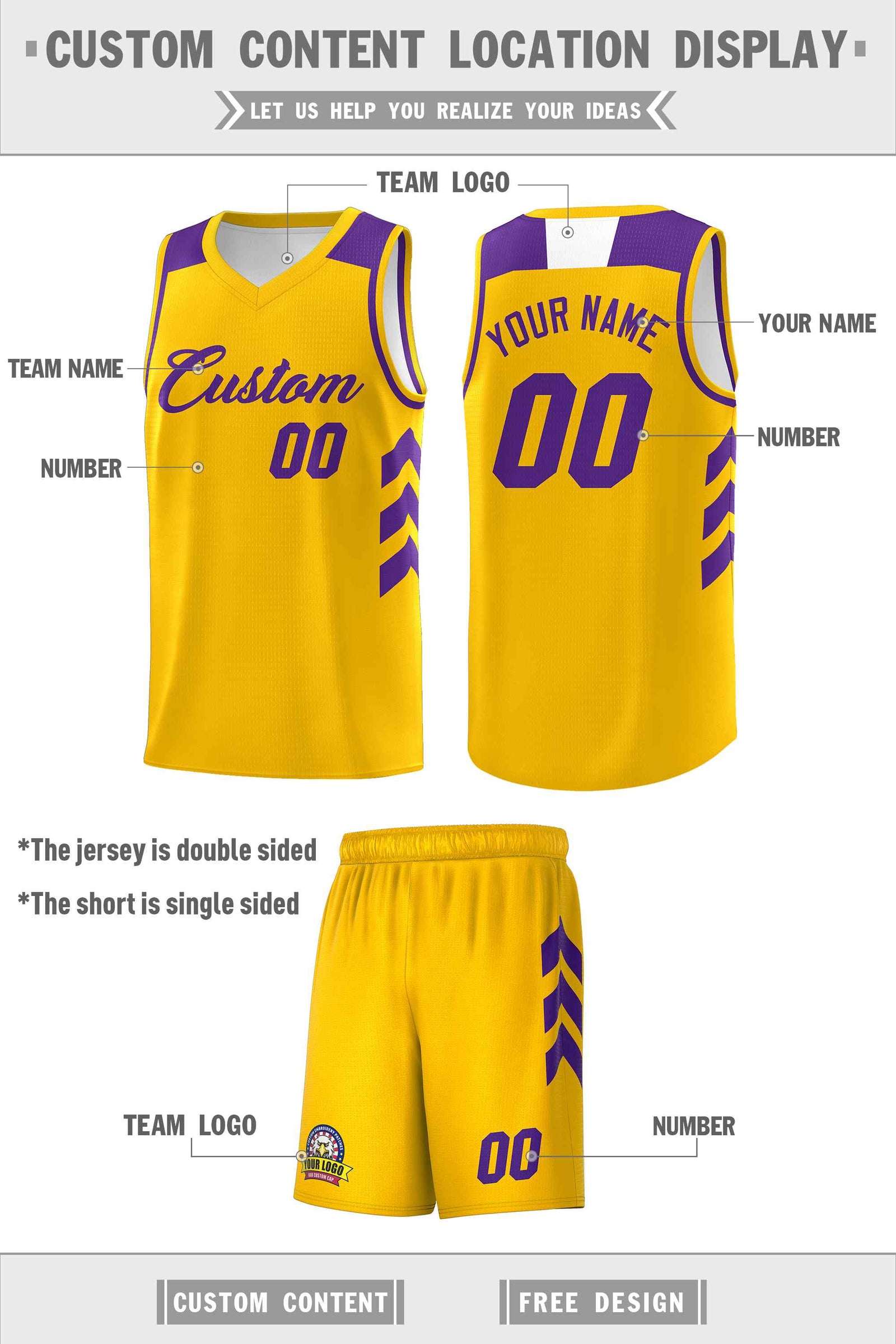Custom Yellow Purple Classic Sets Sports Uniform Basketball Jersey