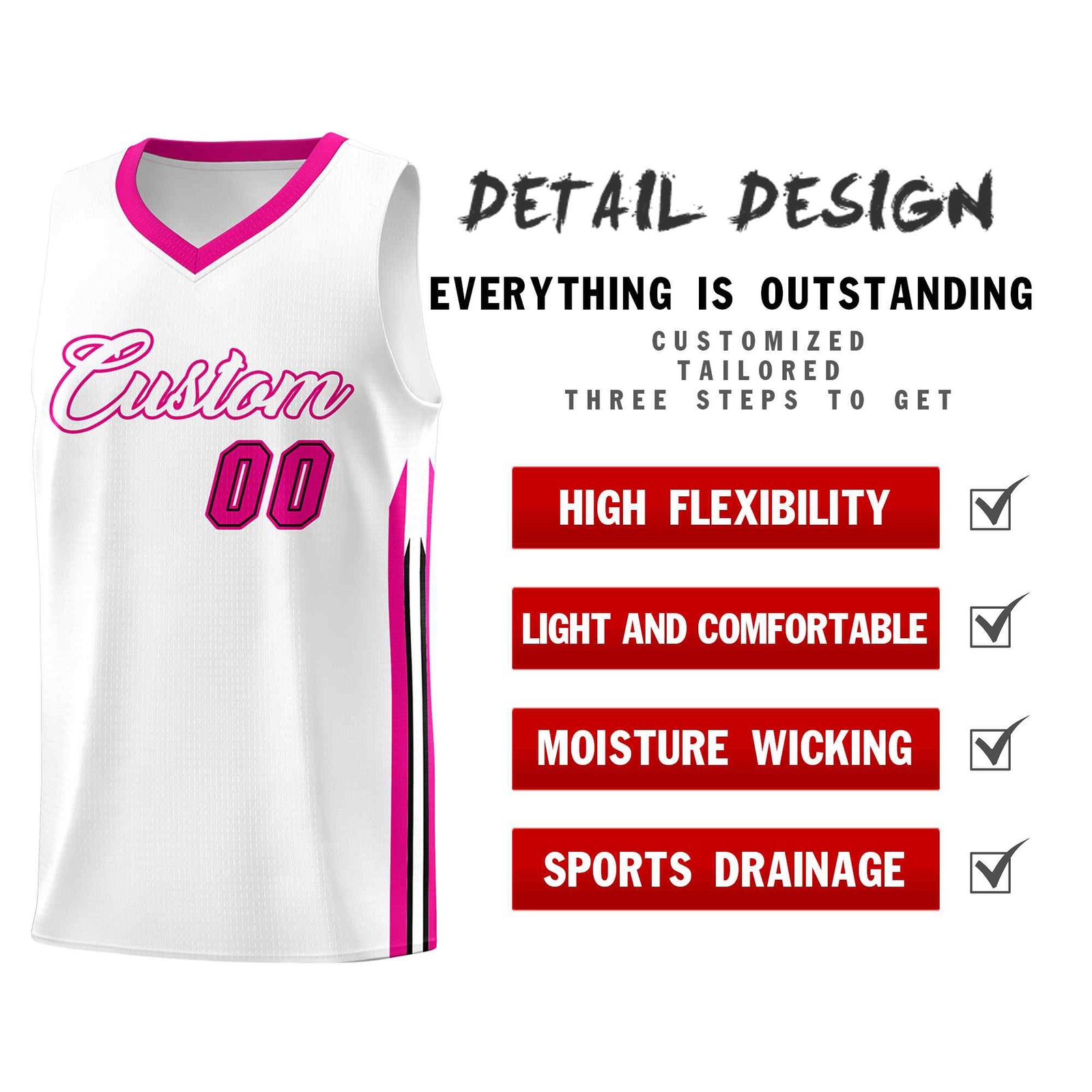 Custom White Pink Classic Sets Sports Uniform Basketball Jersey
