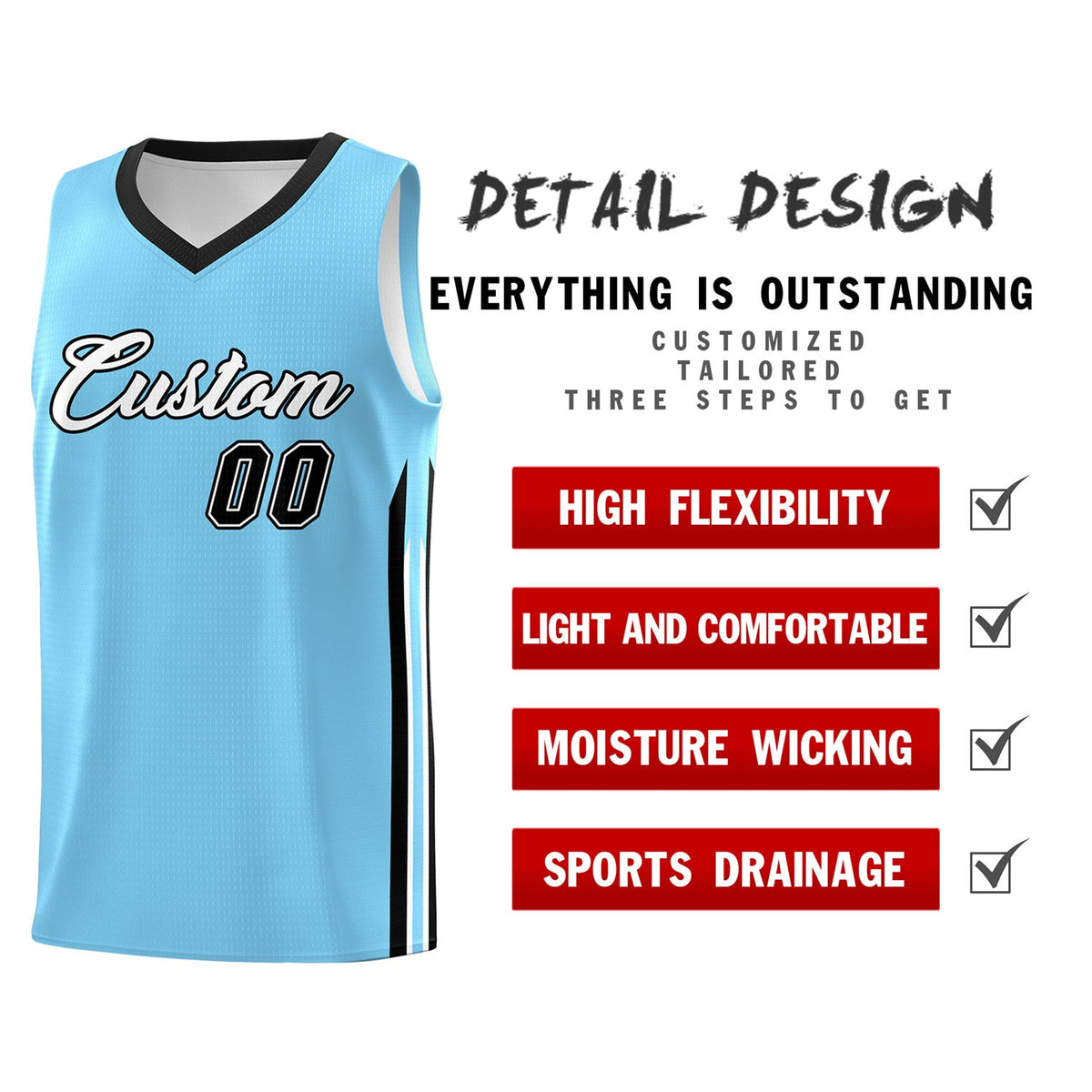 Custom Light Blue White-Black Classic Tops Fashion Basketball Jersey