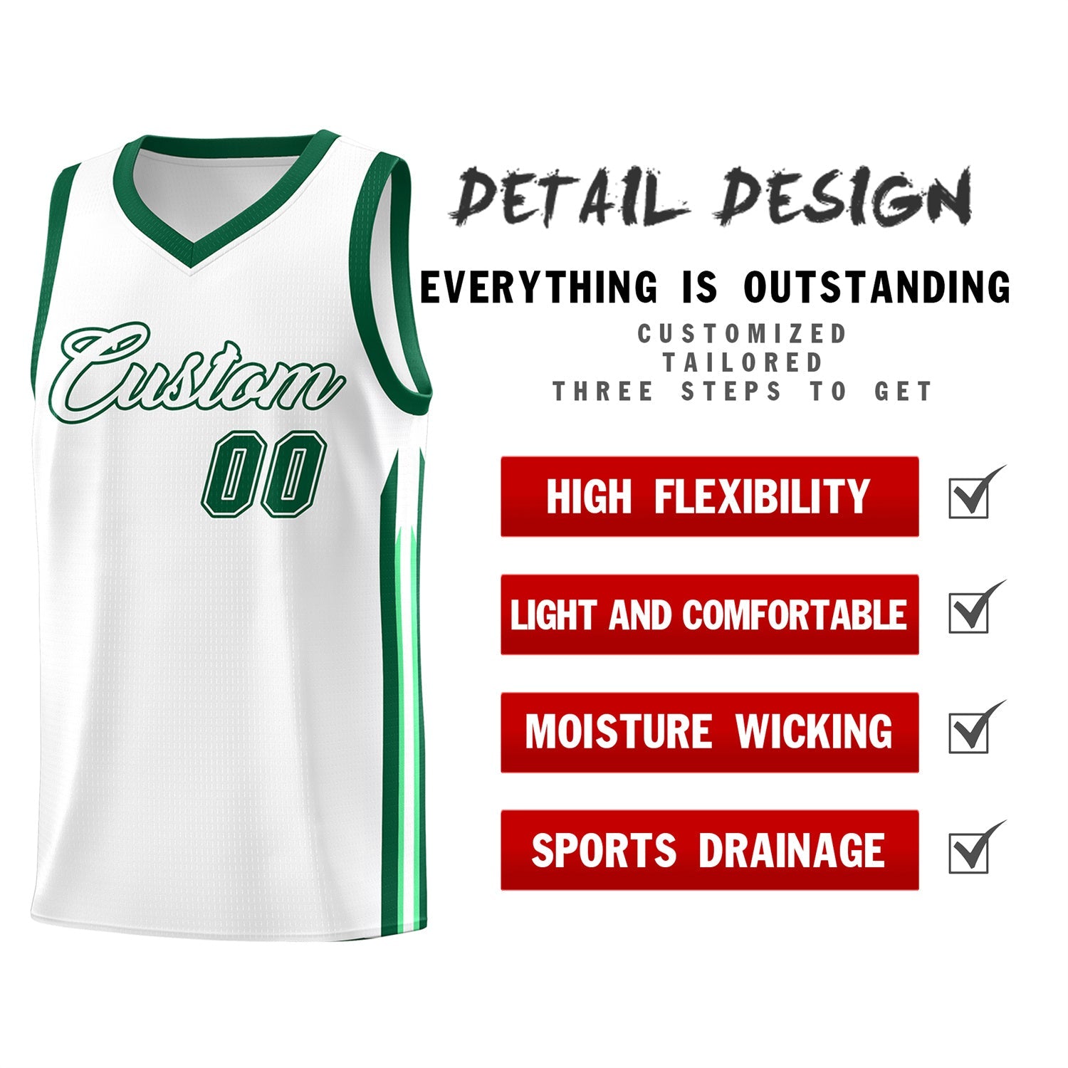 Custom White Green Classic Tops Fashion Sportwear Basketball Jersey