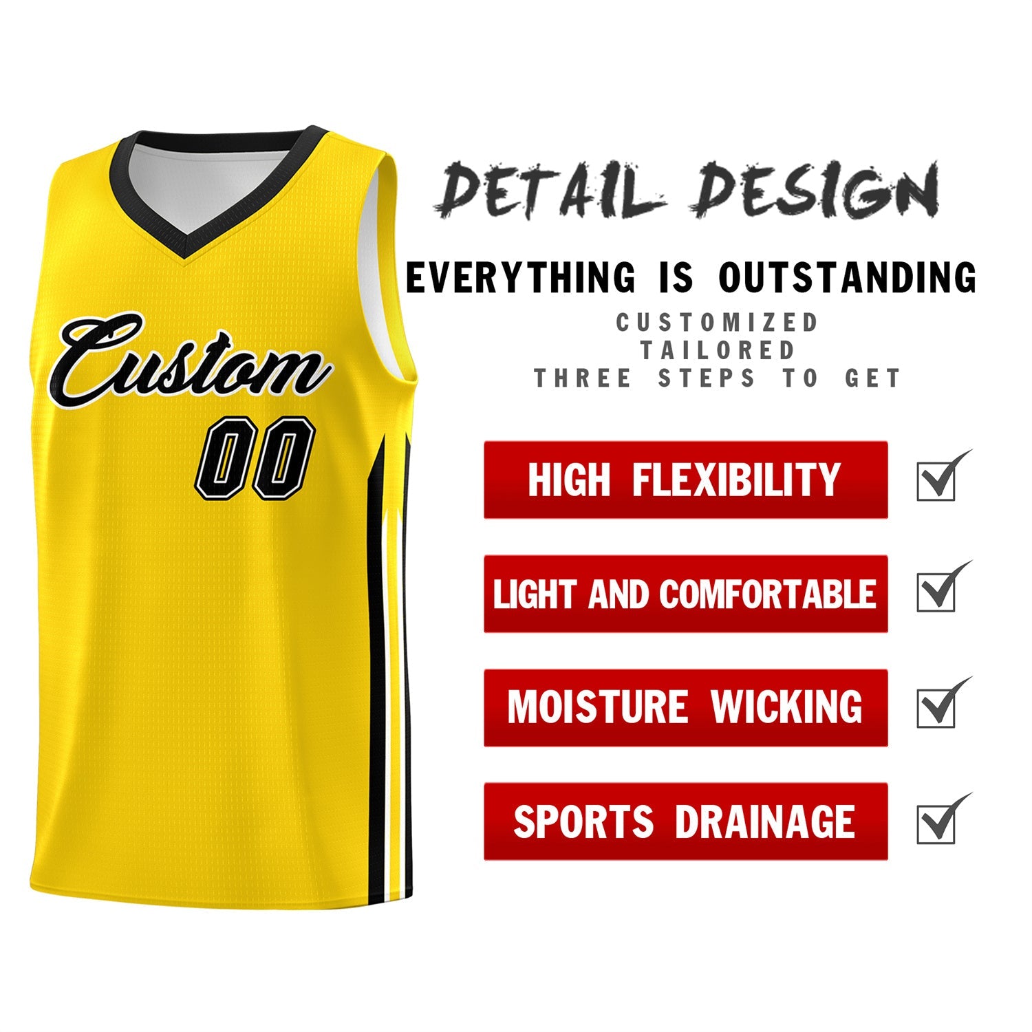 Custom Yellow Black Classic Tops Athletic Casual Basketball Jersey