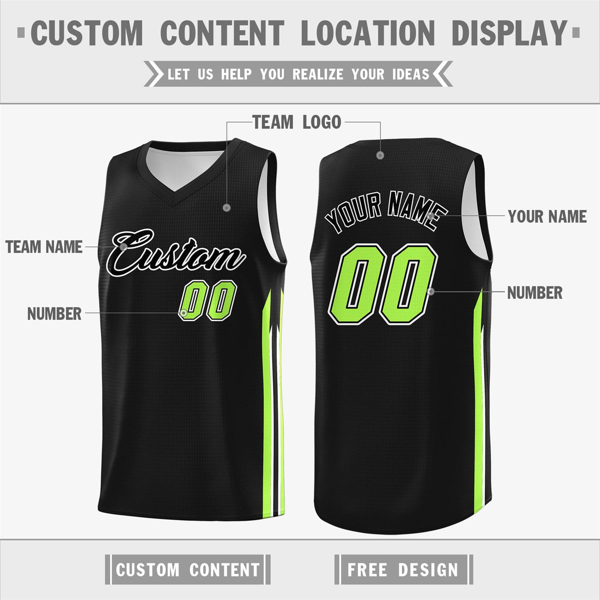 Custom Black Green Classic Tops Sport Game Basketball Jersey