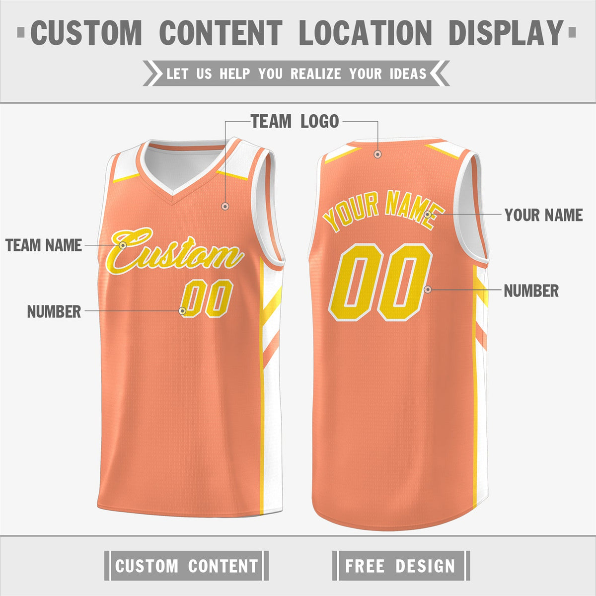 Custom Orange Yellow Classic Tops Breathable Basketball Jersey