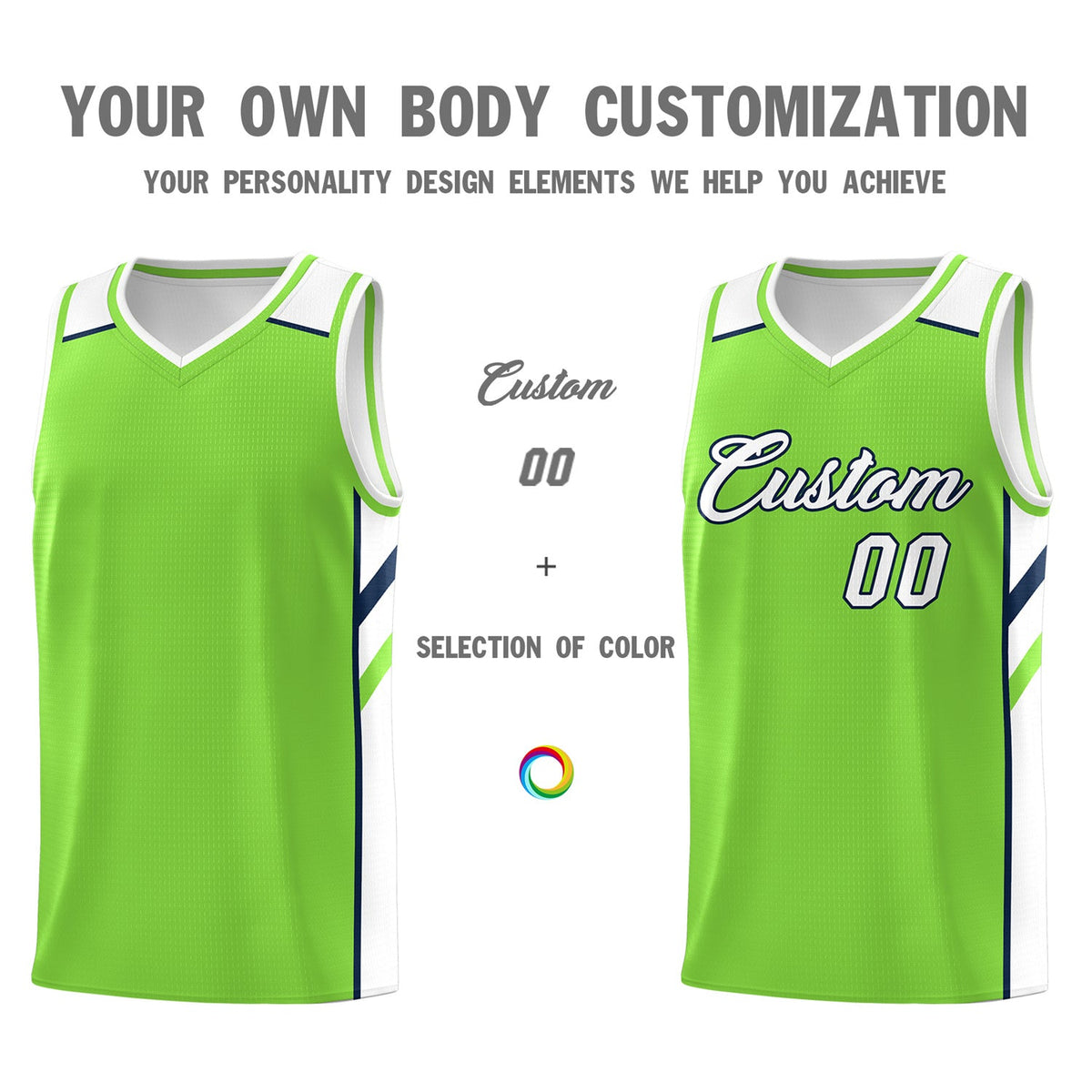 Custom Neon Green White-Navy Classic Tops Breathable Basketball Jersey