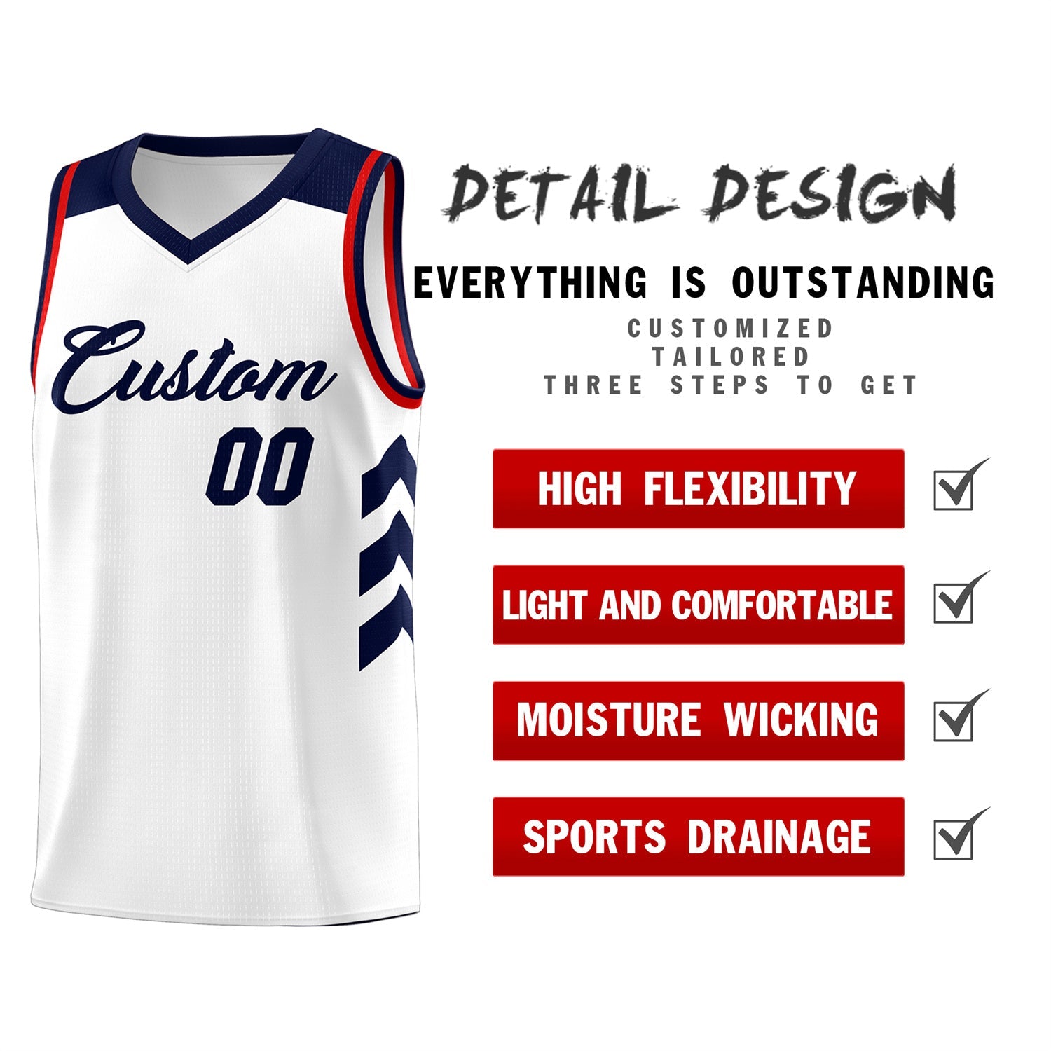Custom White Navy-Red Classic Tops Fashion Sportwear Basketball Jersey