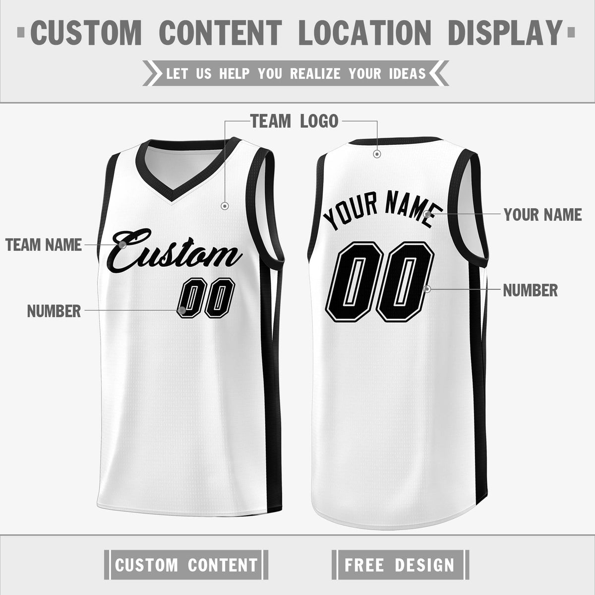 Custom White Black Classic Tops Basketball Jersey