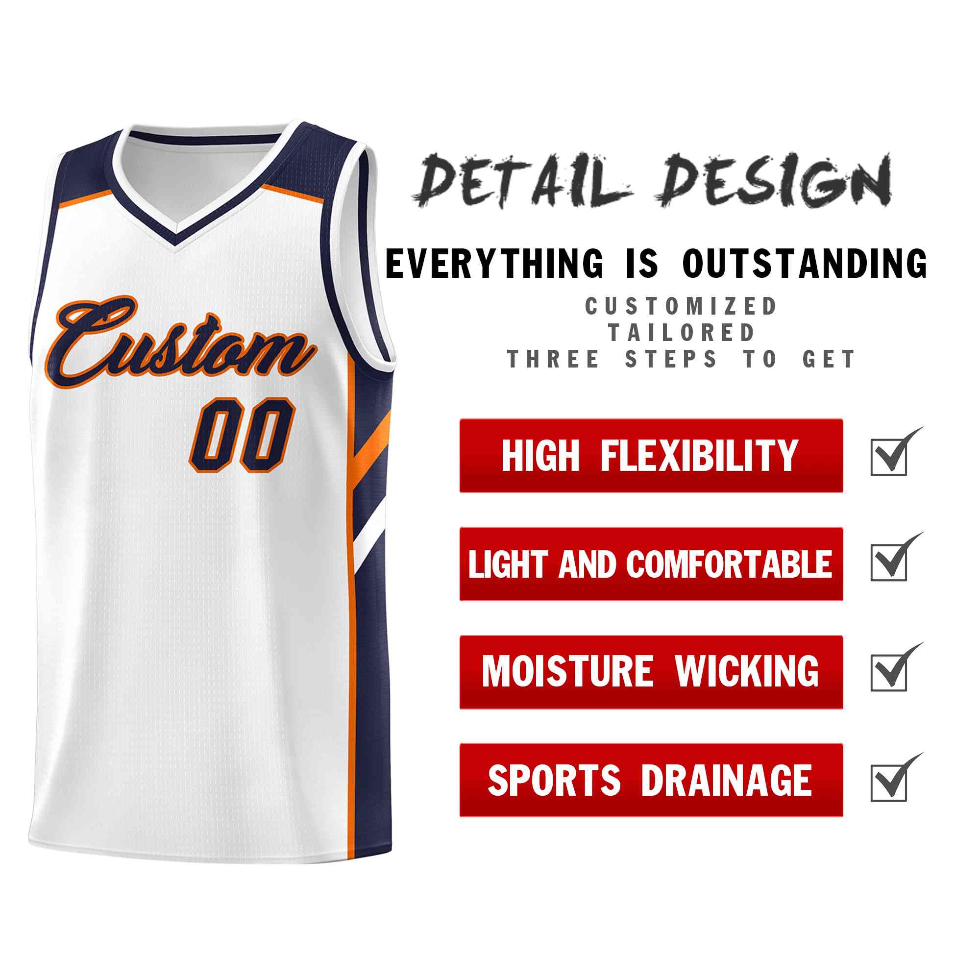 Custom White Navy-Orange Classic Tops Style Mesh Sport Basketball Jersey
