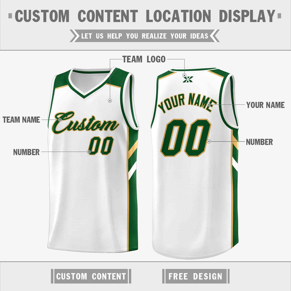 Custom White Green-Old Gold Classic Tops Style Mesh Sport Basketball Jersey