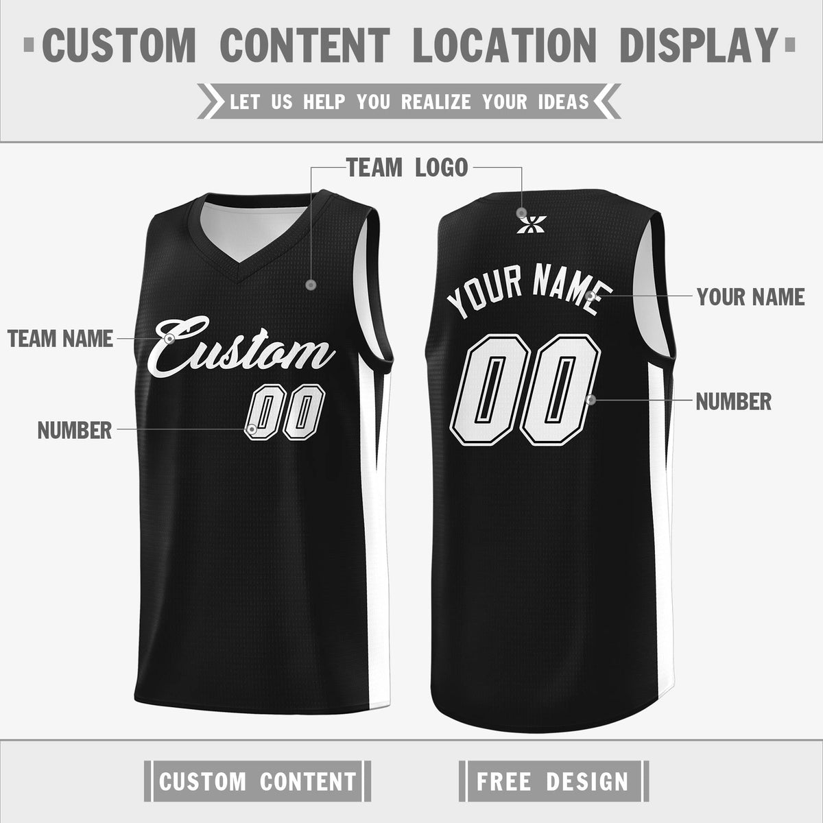 Custom Black White Classic Tops Outdoor Basketball Jersey