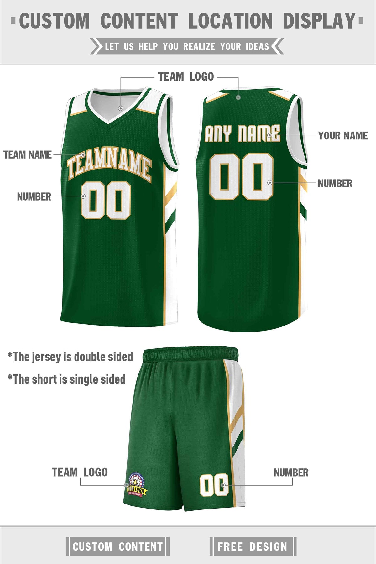 Custom Green White-Old Gold Classic Sets Sports Uniform Basketball Jersey