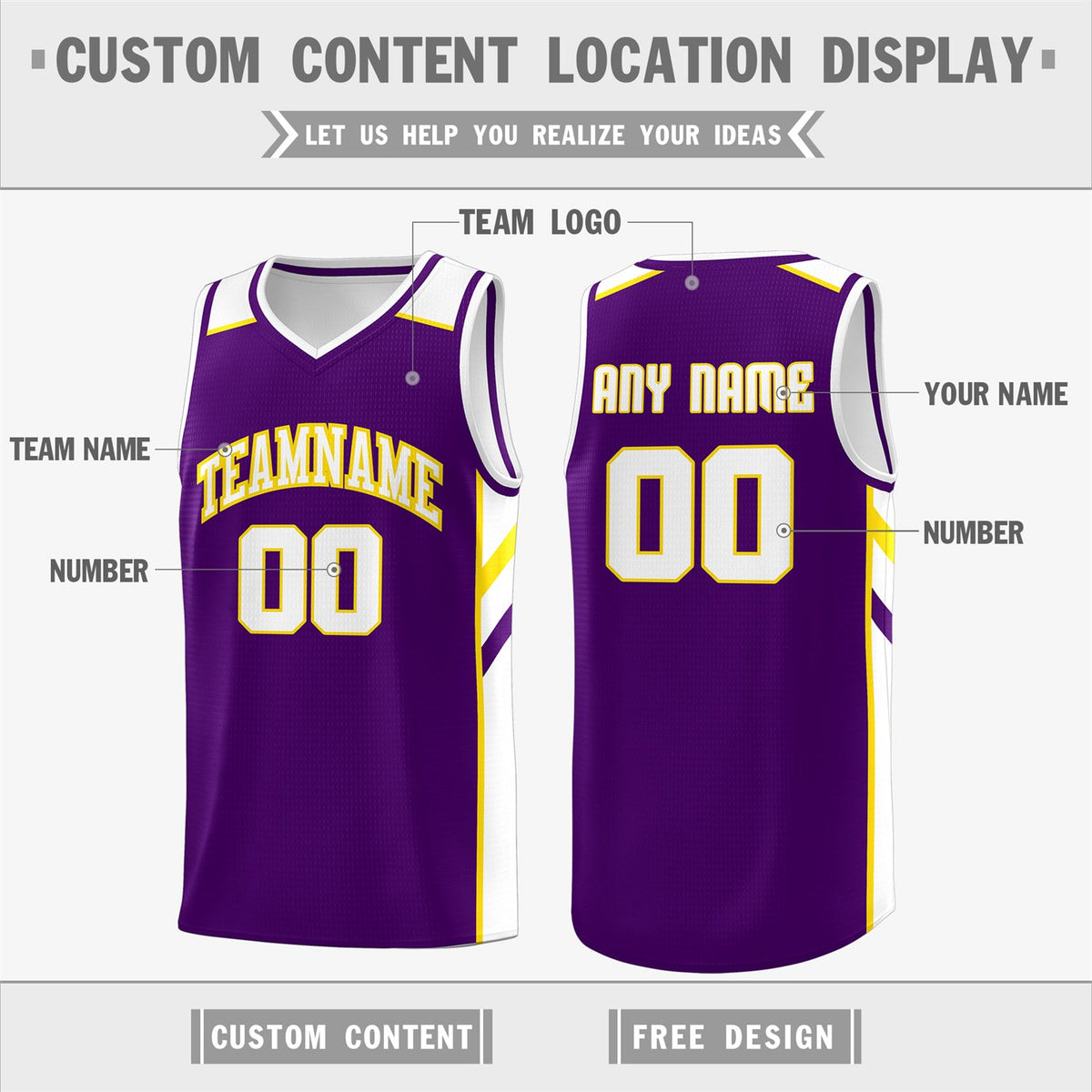 Custom Purple White-Yellow Classic Tops Men/Boy Athletic Basketball Jersey