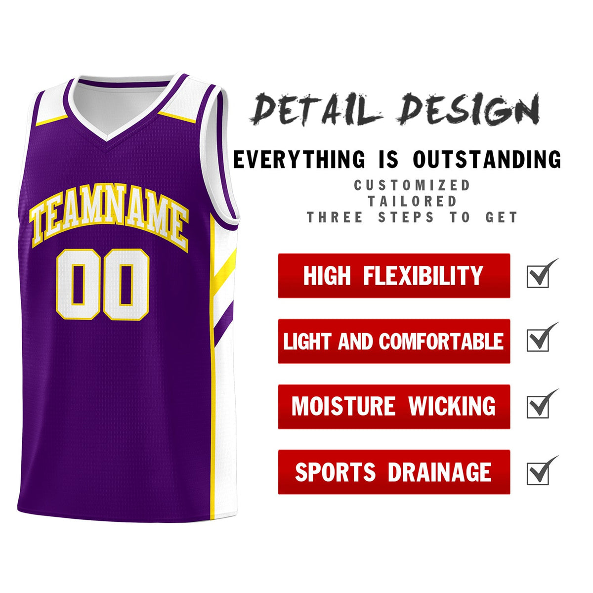 Custom Purple White-Yellow Classic Tops Men/Boy Athletic Basketball Jersey