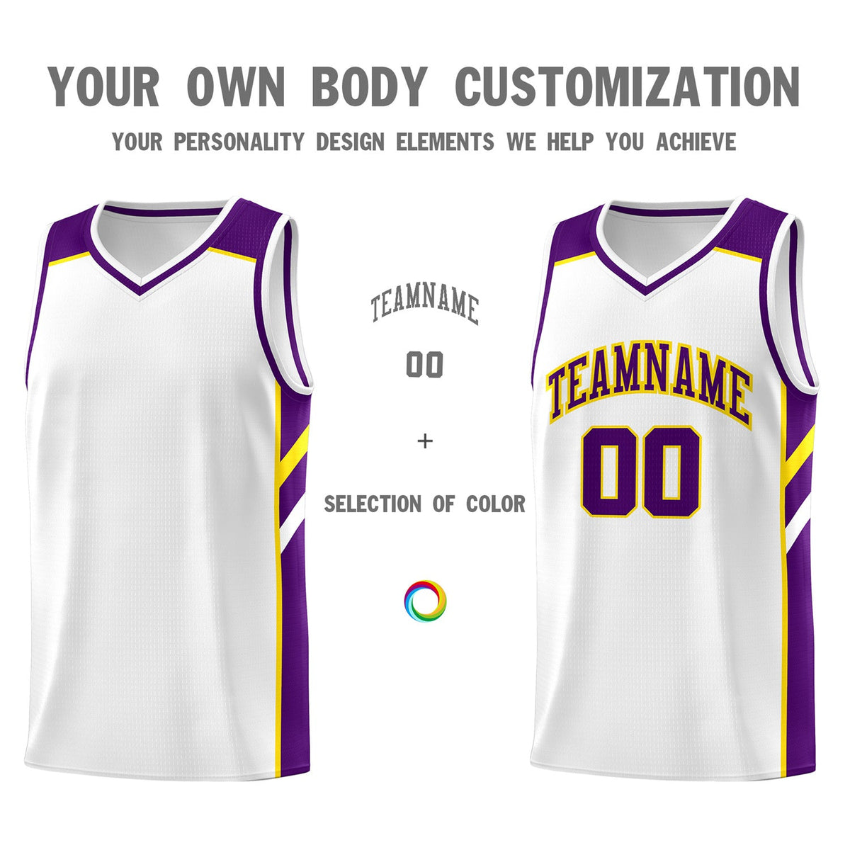 Custom White Purple-Yellow Classic Tops Men/Boy Athletic Basketball Jersey