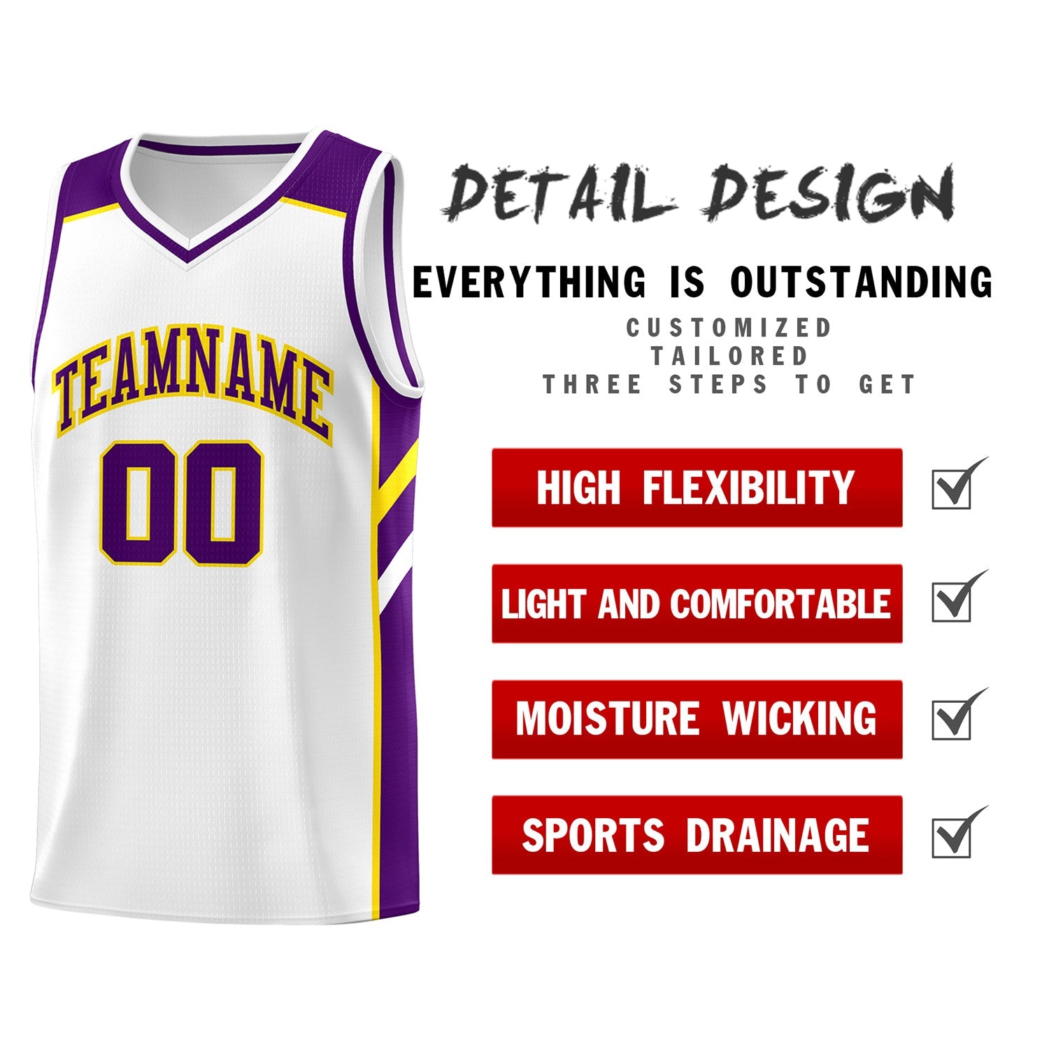 Custom White Purple-Yellow Classic Tops Men/Boy Athletic Basketball Jersey