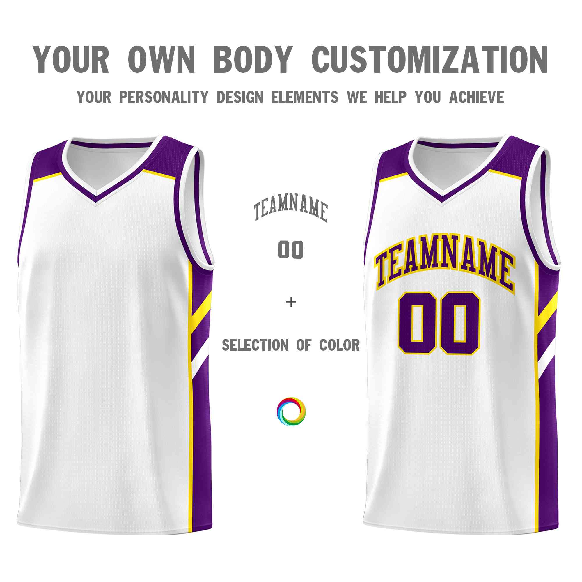 Custom White Purple-Yellow Classic Tops Style Mesh Sport Basketball Jersey