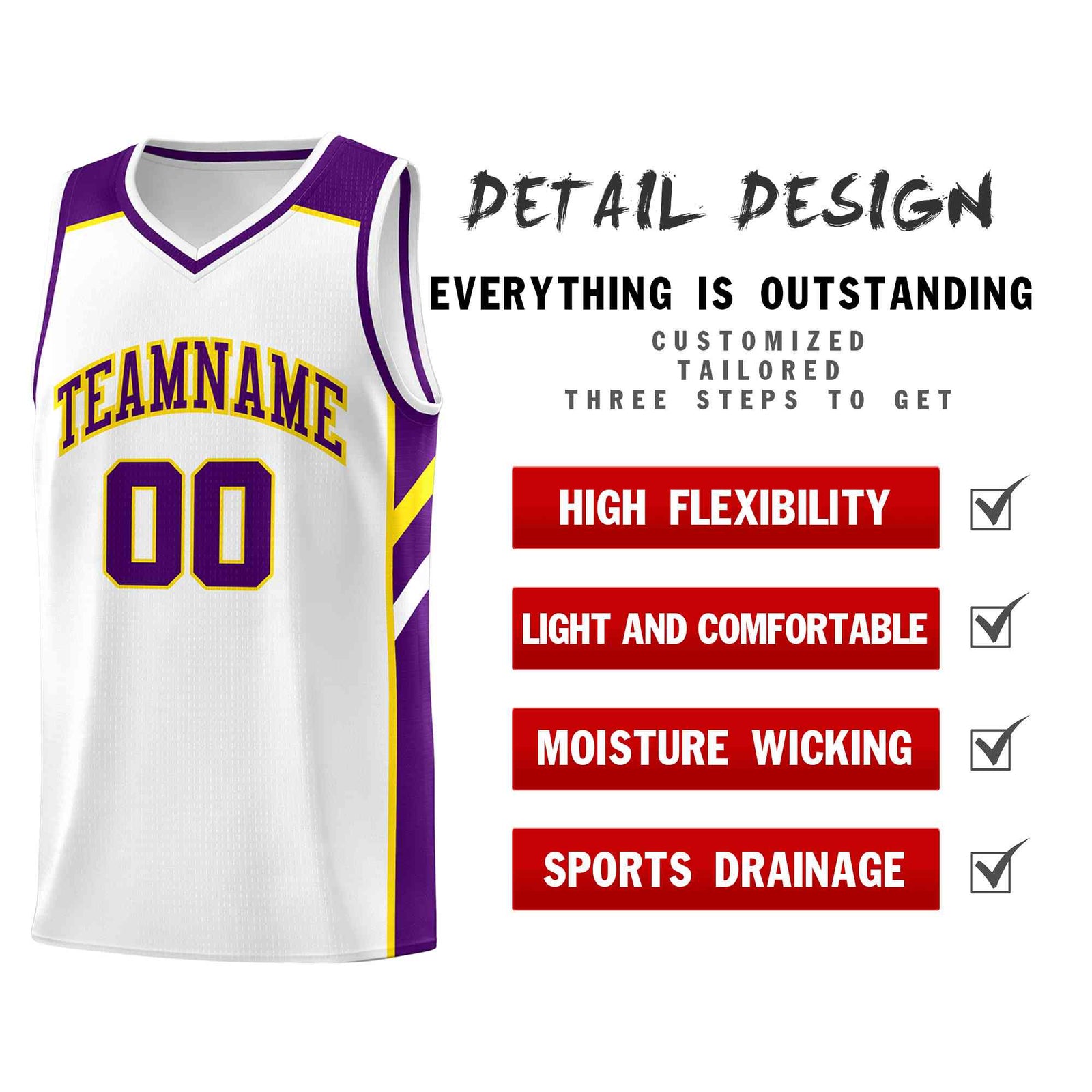 Custom White Purple-Yellow Classic Tops Style Mesh Sport Basketball Jersey