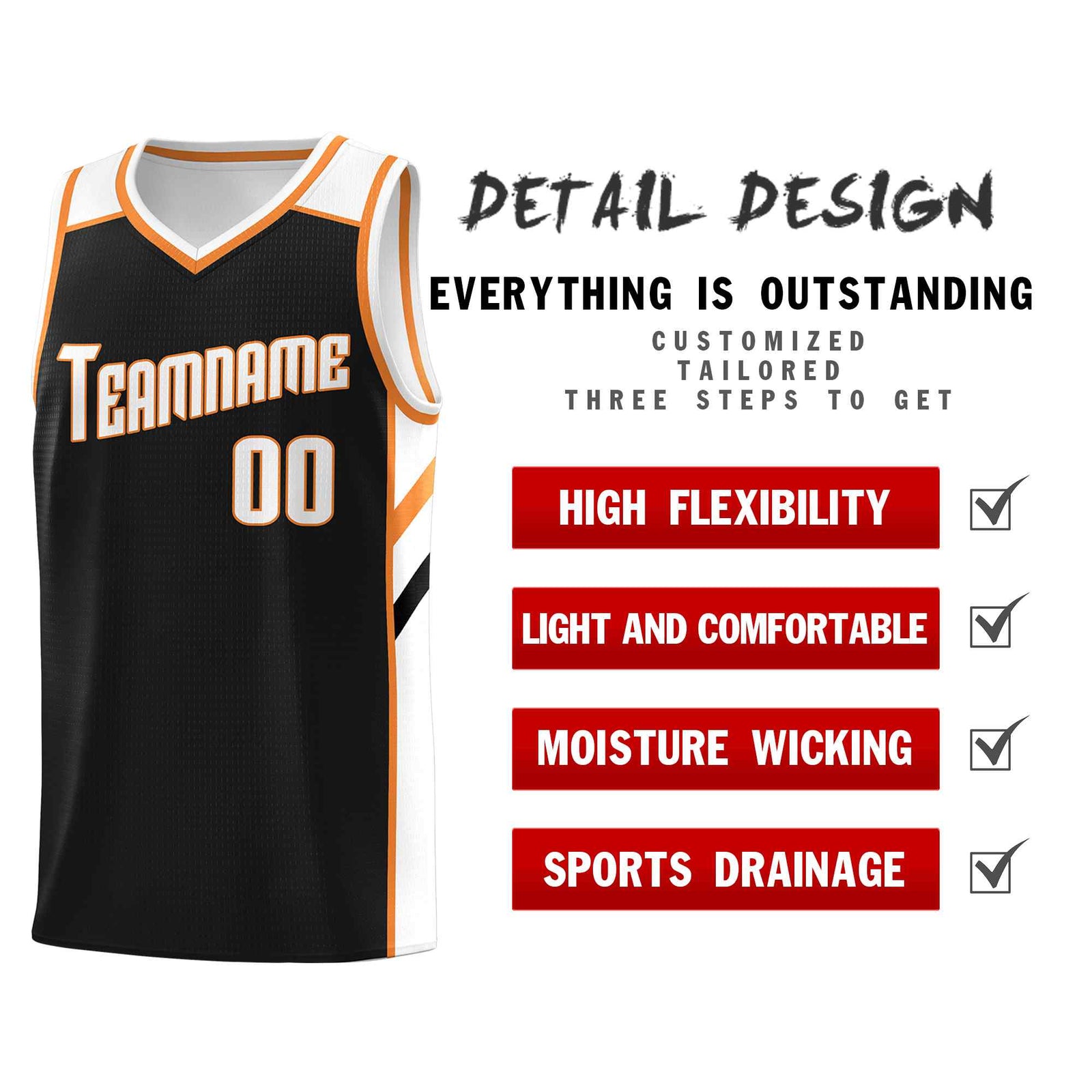 Custom Black White-Orange Classic Sets Sports Uniform Basketball Jersey