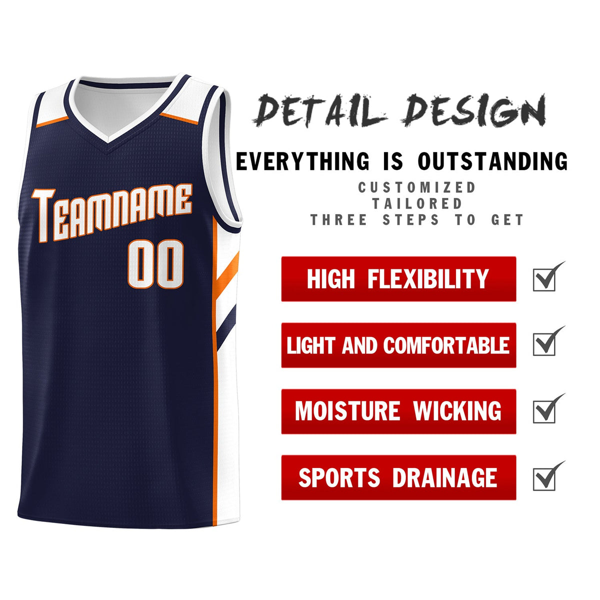 Custom Navy Orange-White Classic Tops Men/Boy Athletic Basketball Jersey