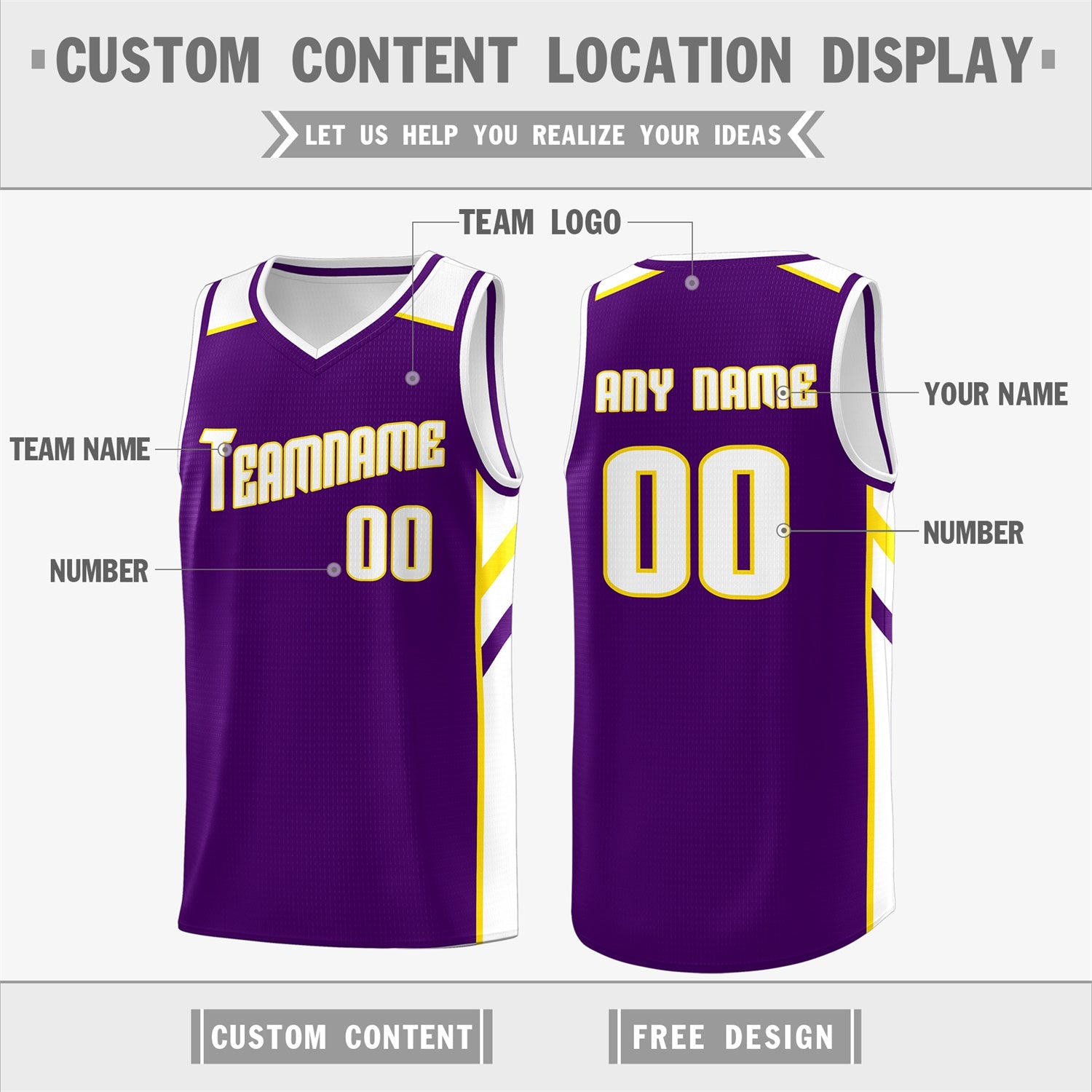 Custom Purple White-Yellow Classic Tops Men/Boy Athletic Basketball Jersey