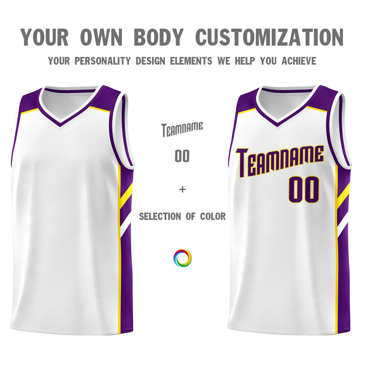 Custom White Purple-Yellow Classic Tops Breathable Basketball Jersey