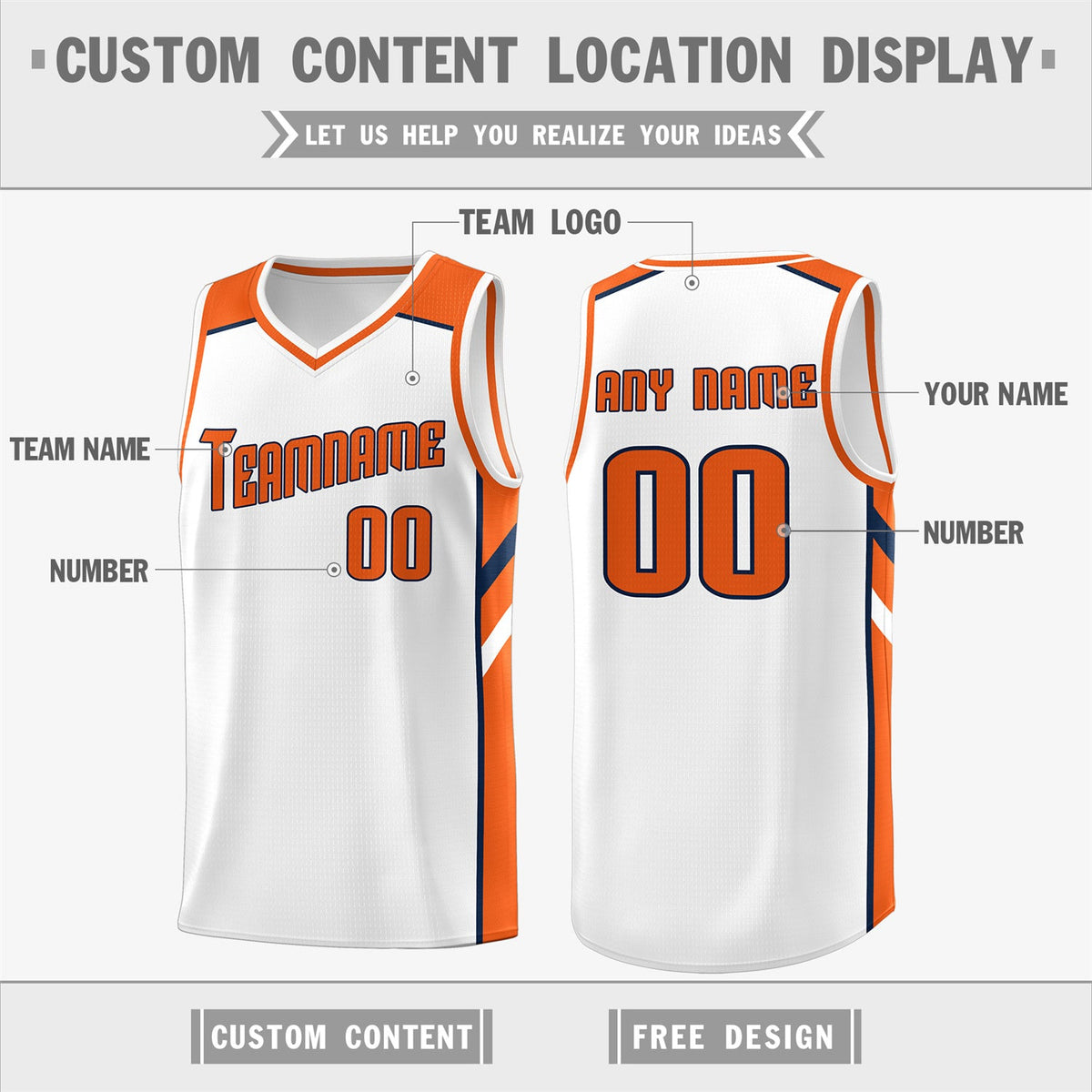 Custom White Orange-Navy Classic Tops Breathable Basketball Jersey