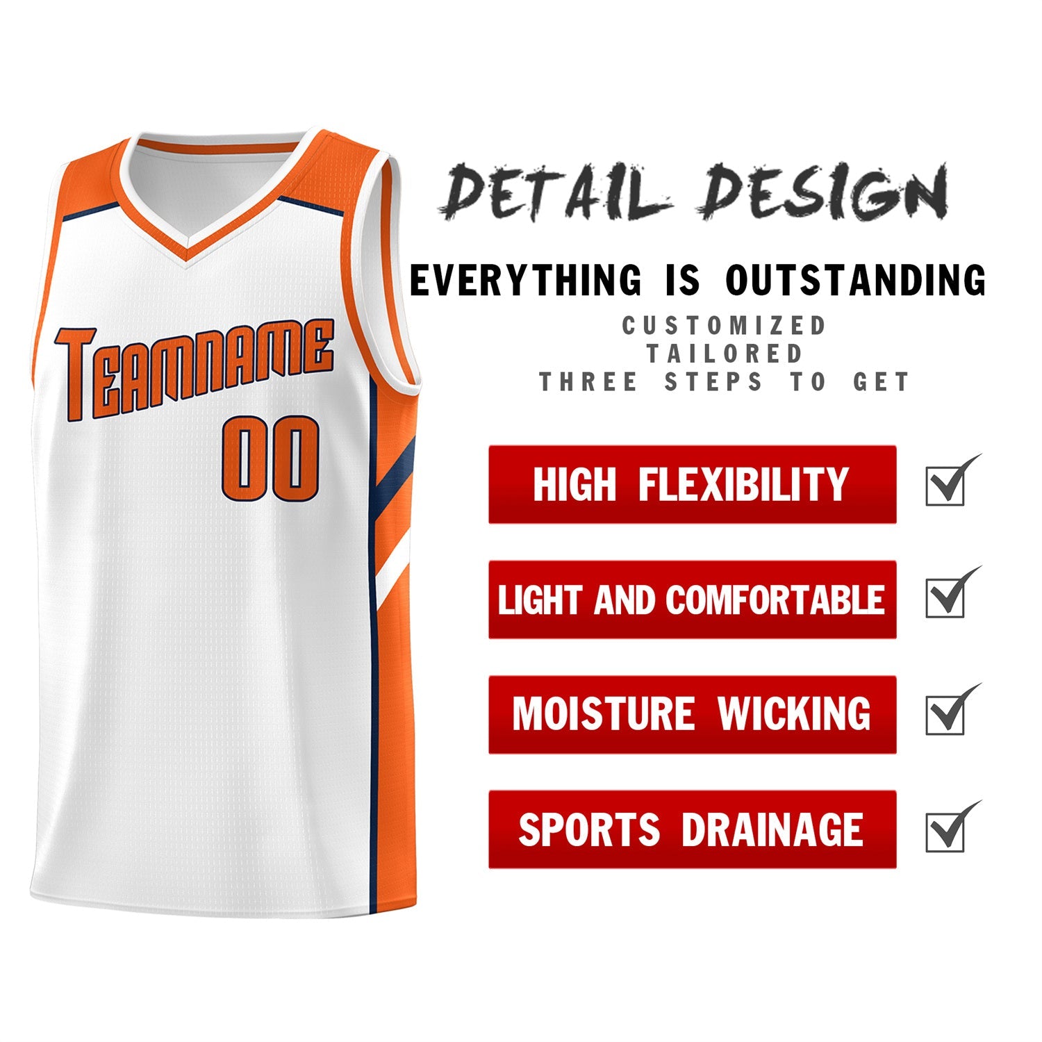 Custom White Orange-Navy Classic Tops Breathable Basketball Jersey