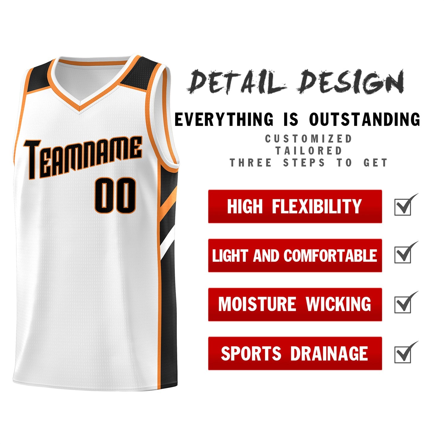 Custom White Black Orange Classic Tops Men/Boy Athletic Basketball Jersey