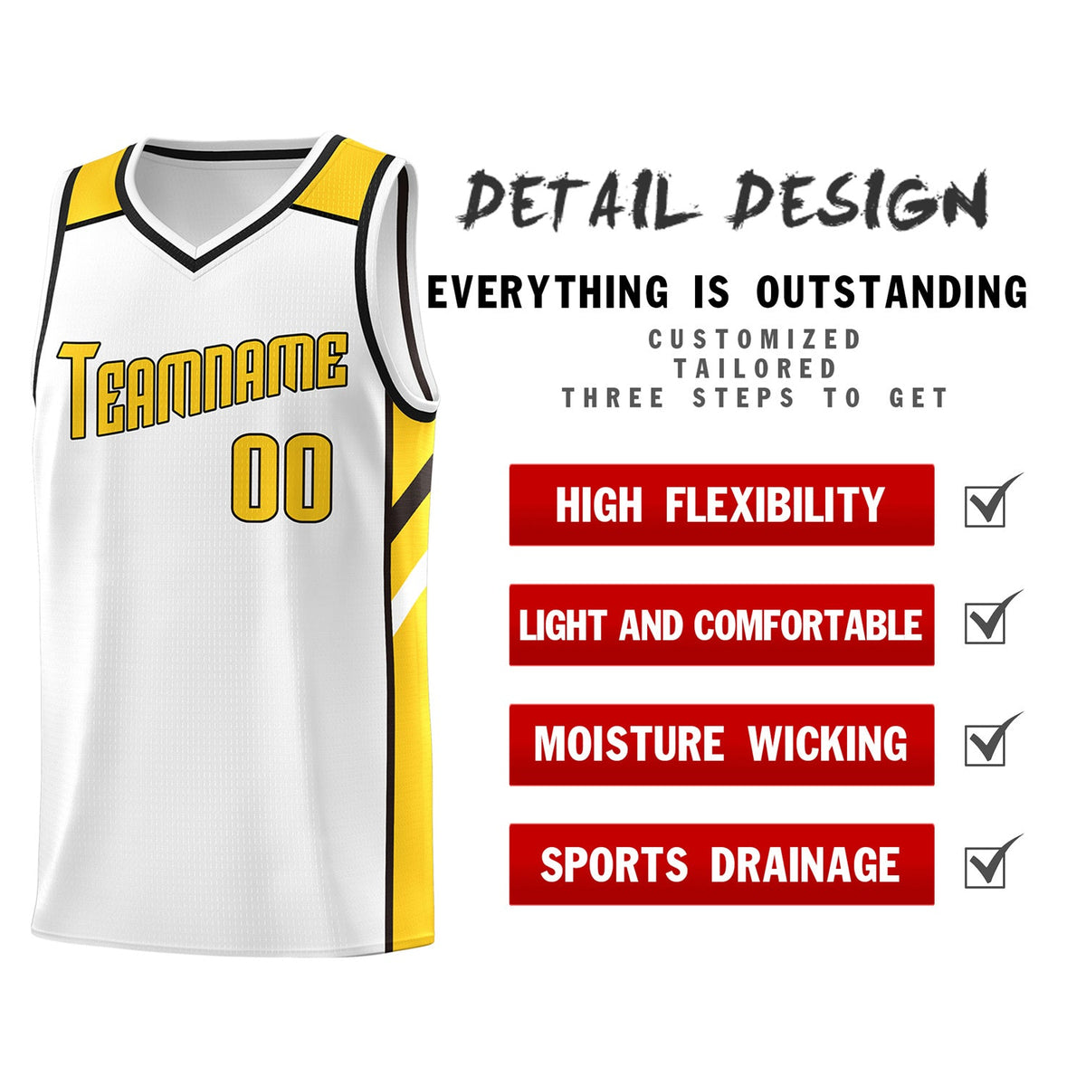 Custom White YellowClassic Tops Breathable Basketball Jersey