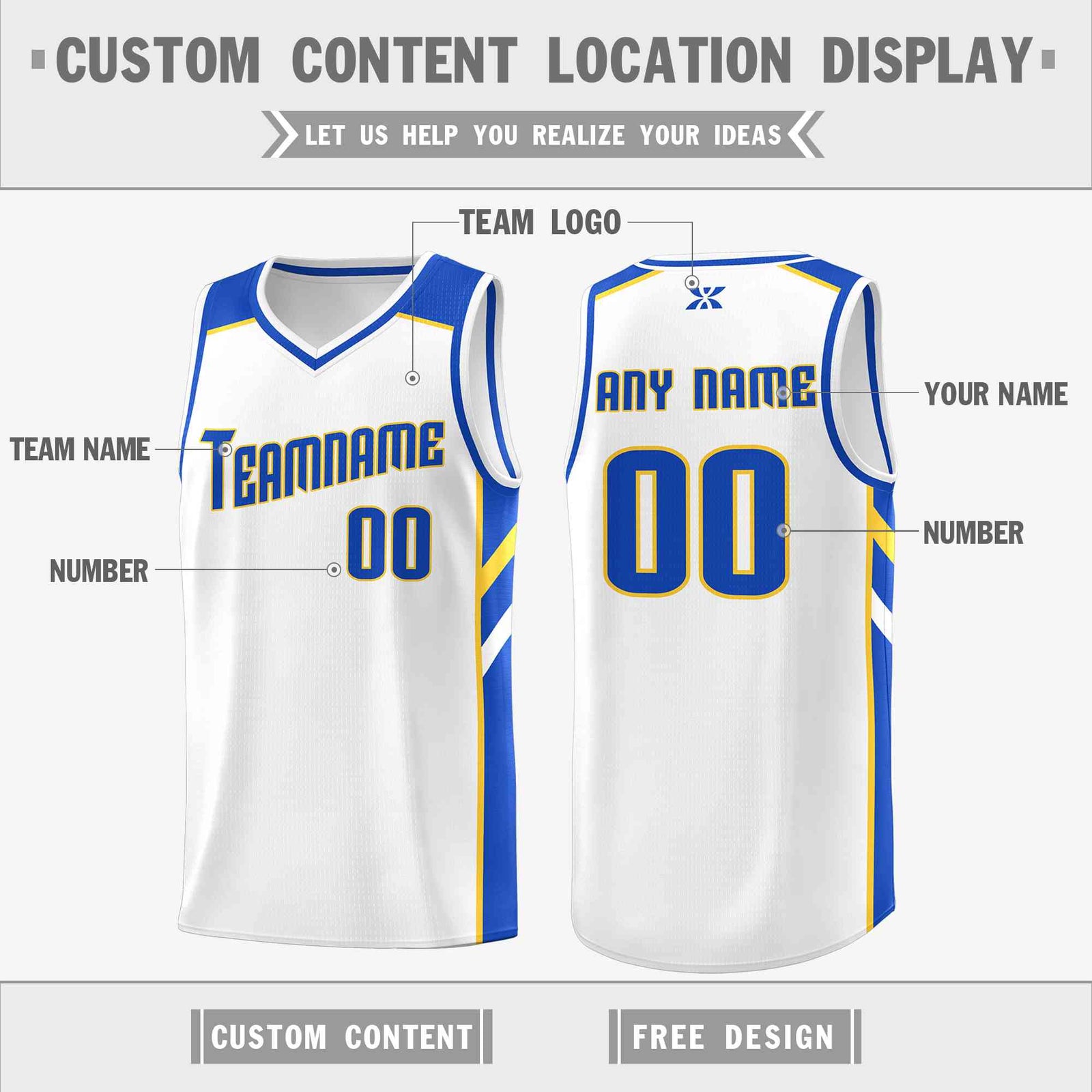 Custom White Blue-Yellow Classic Tops Style Mesh Sport Basketball Jersey