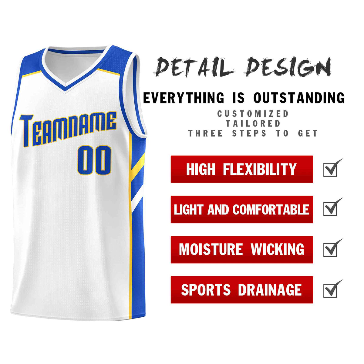 Custom White Blue-Yellow Classic Tops Style Mesh Sport Basketball Jersey