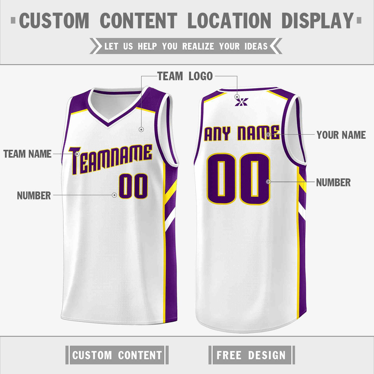 Custom White Purple-Yellow Classic Tops Style Mesh Sport Basketball Jersey