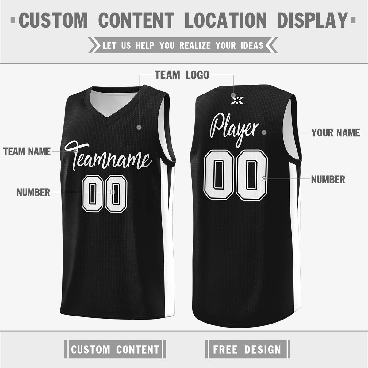 Custom Black White Classic Tops Sports Personalized Basketball Jersey