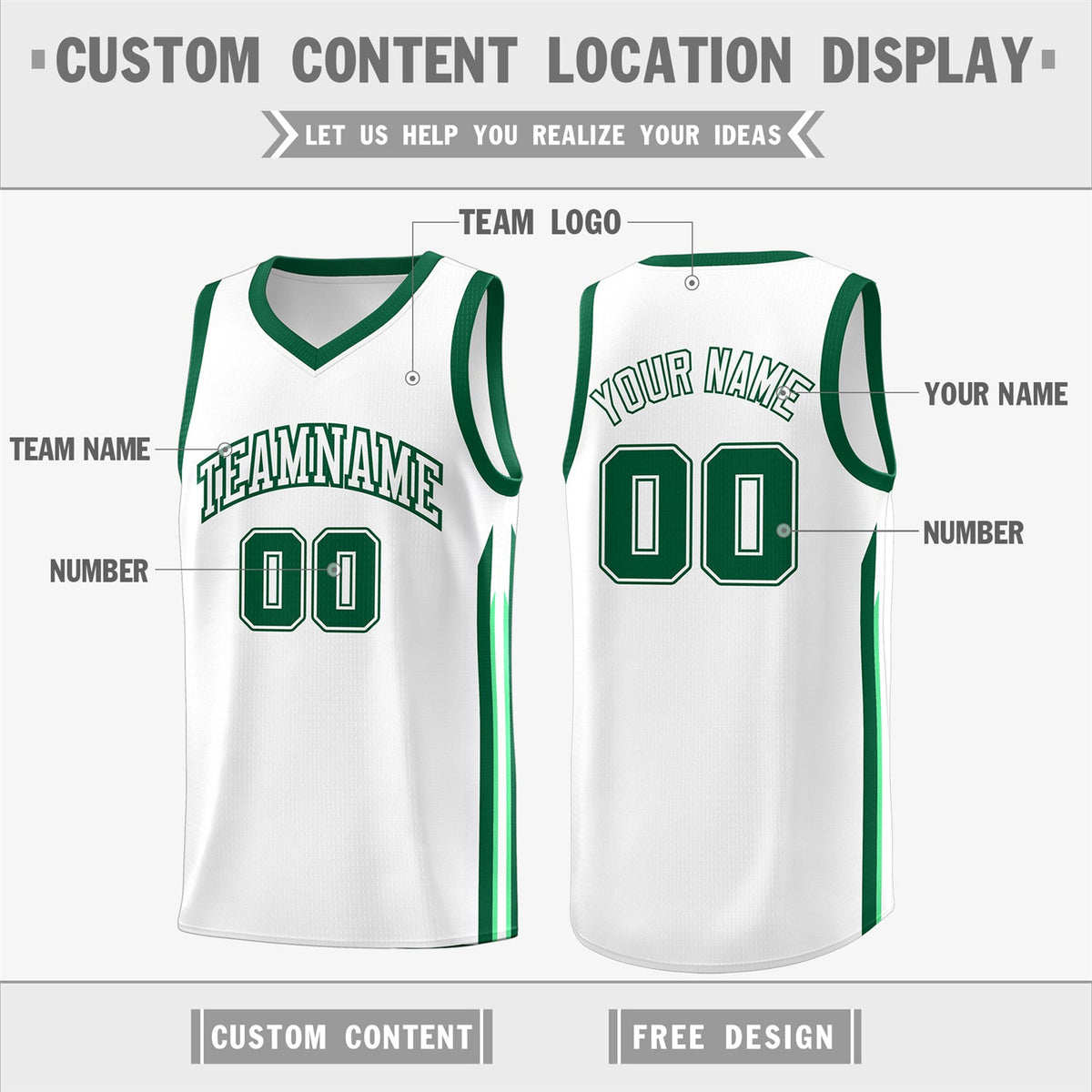 Custom White Green Classic Tops Fashion Sportwear Basketball Jersey