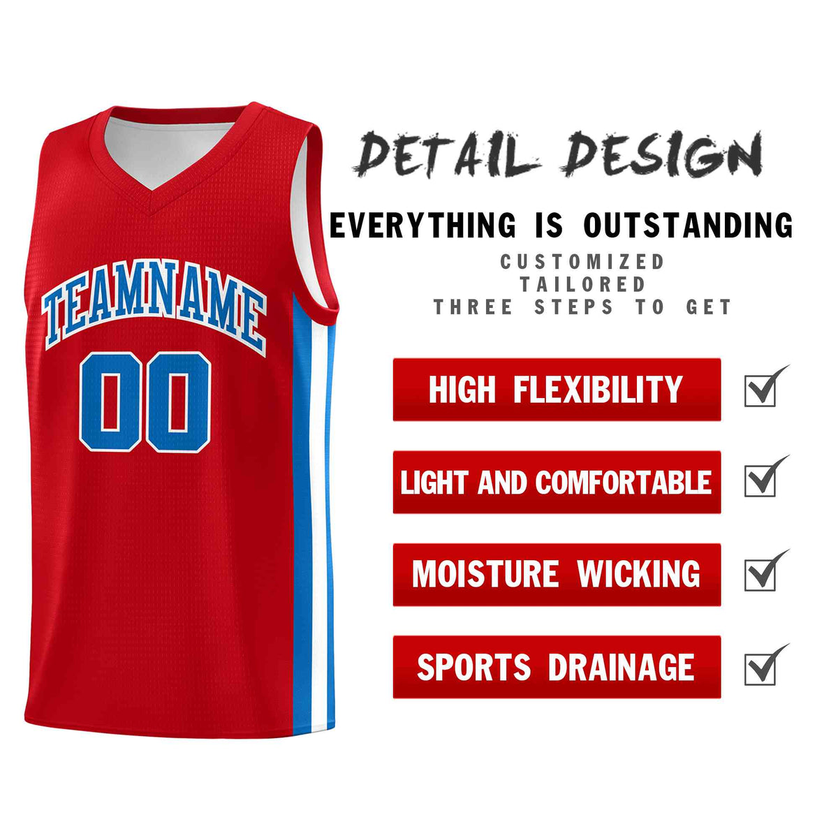 Custom Red Light Blue-White Classic Tops Mesh Sport Basketball Jersey