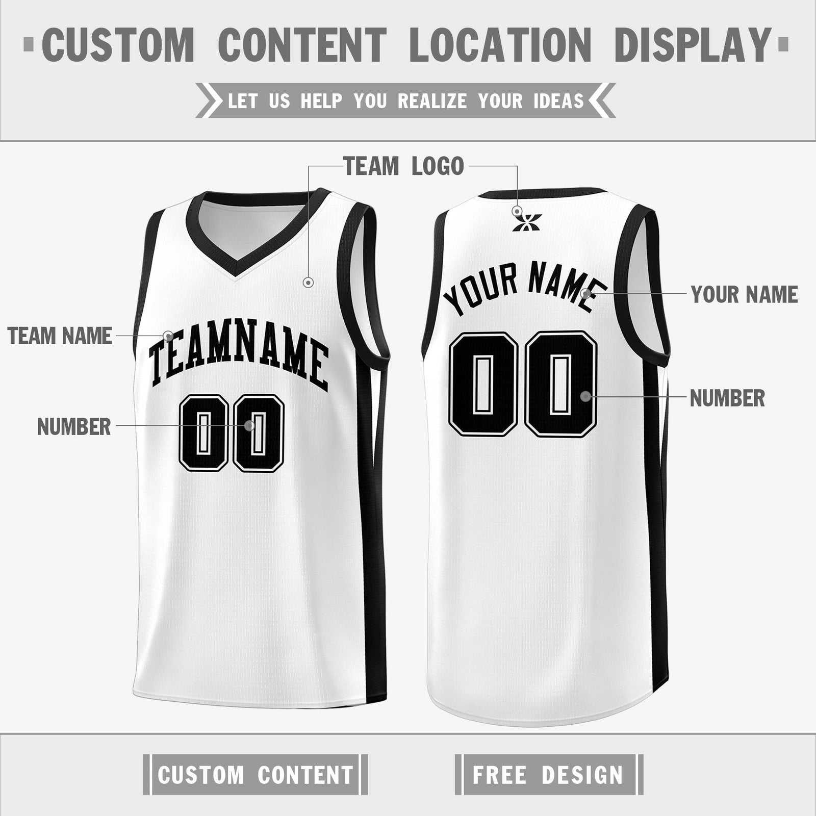 Custom White Black Classic Tops Sports Uniform Basketball Jersey