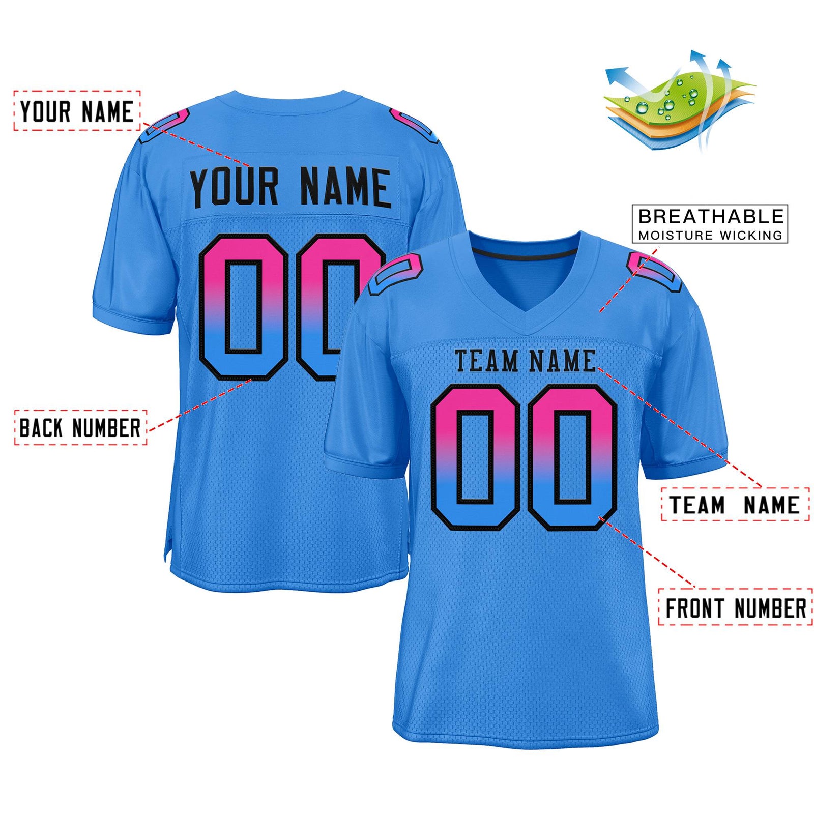 Custom Powder Blue Black Powder Blue Gradient Fashion Outdoor Authentic Football Jersey