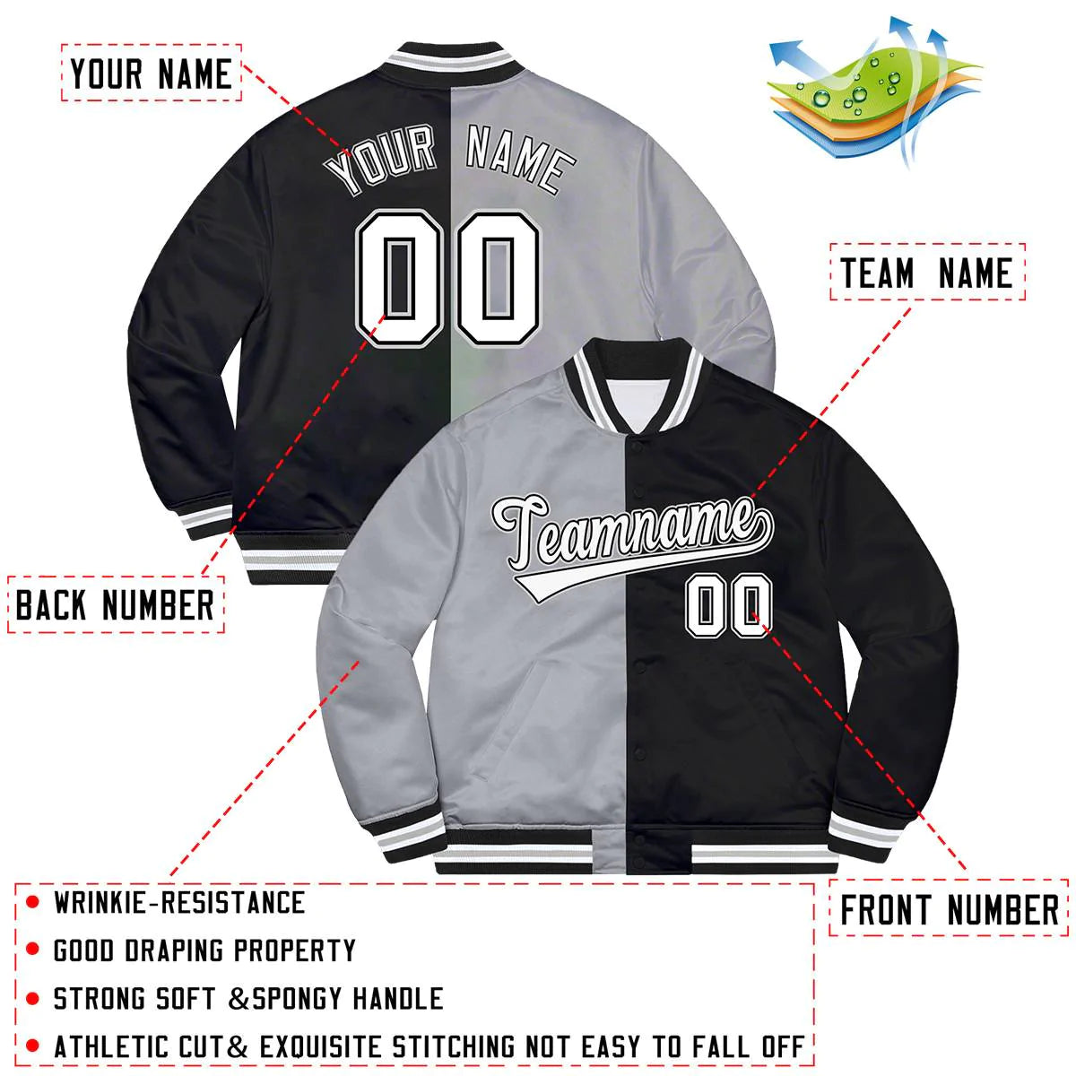 Custom Black Gray-White Letterman Two Tone Split Fashion Bomber Varsity Jacket