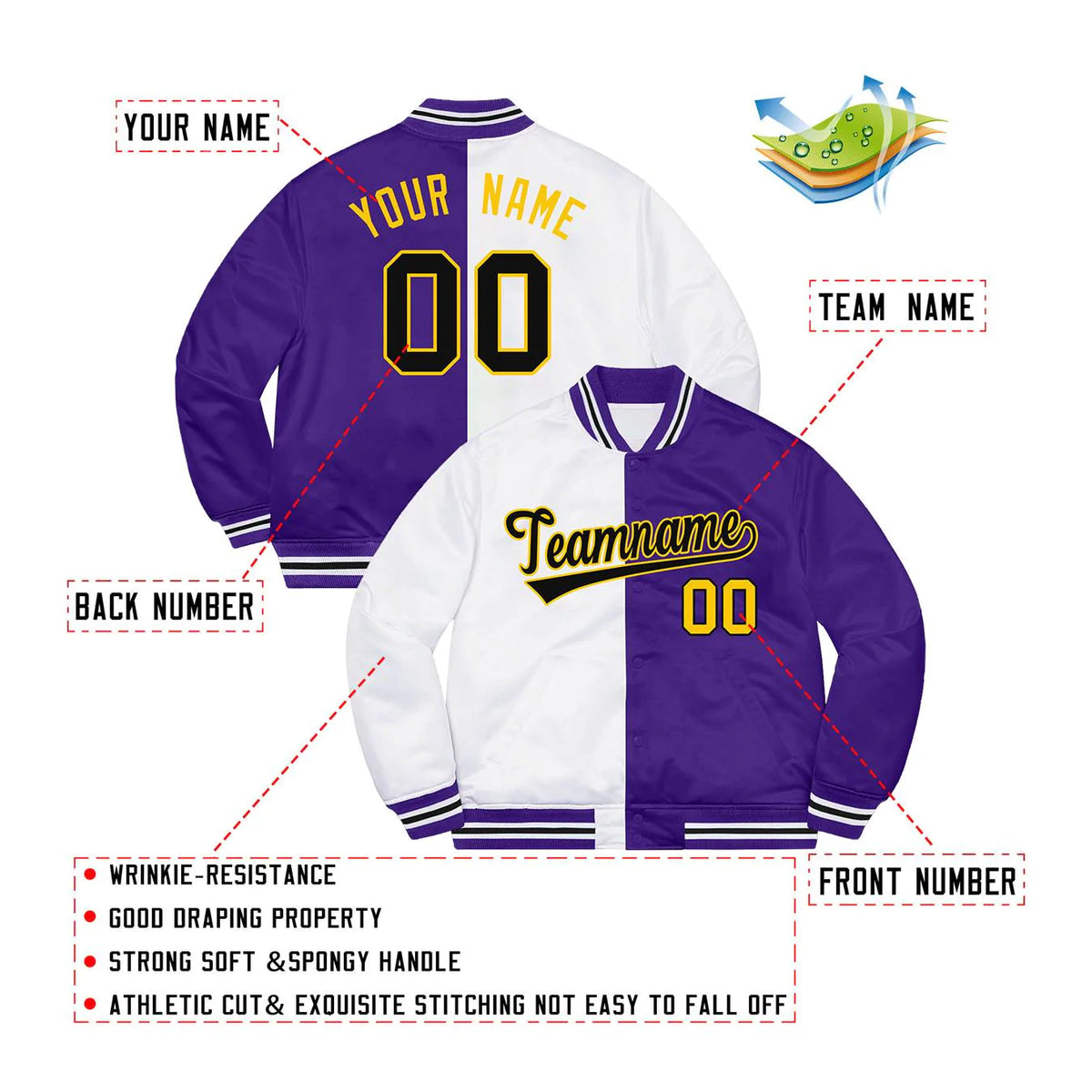 Custom Purple White-Gold Letterman Two Tone Split Fashion Bomber Varsity Jacket