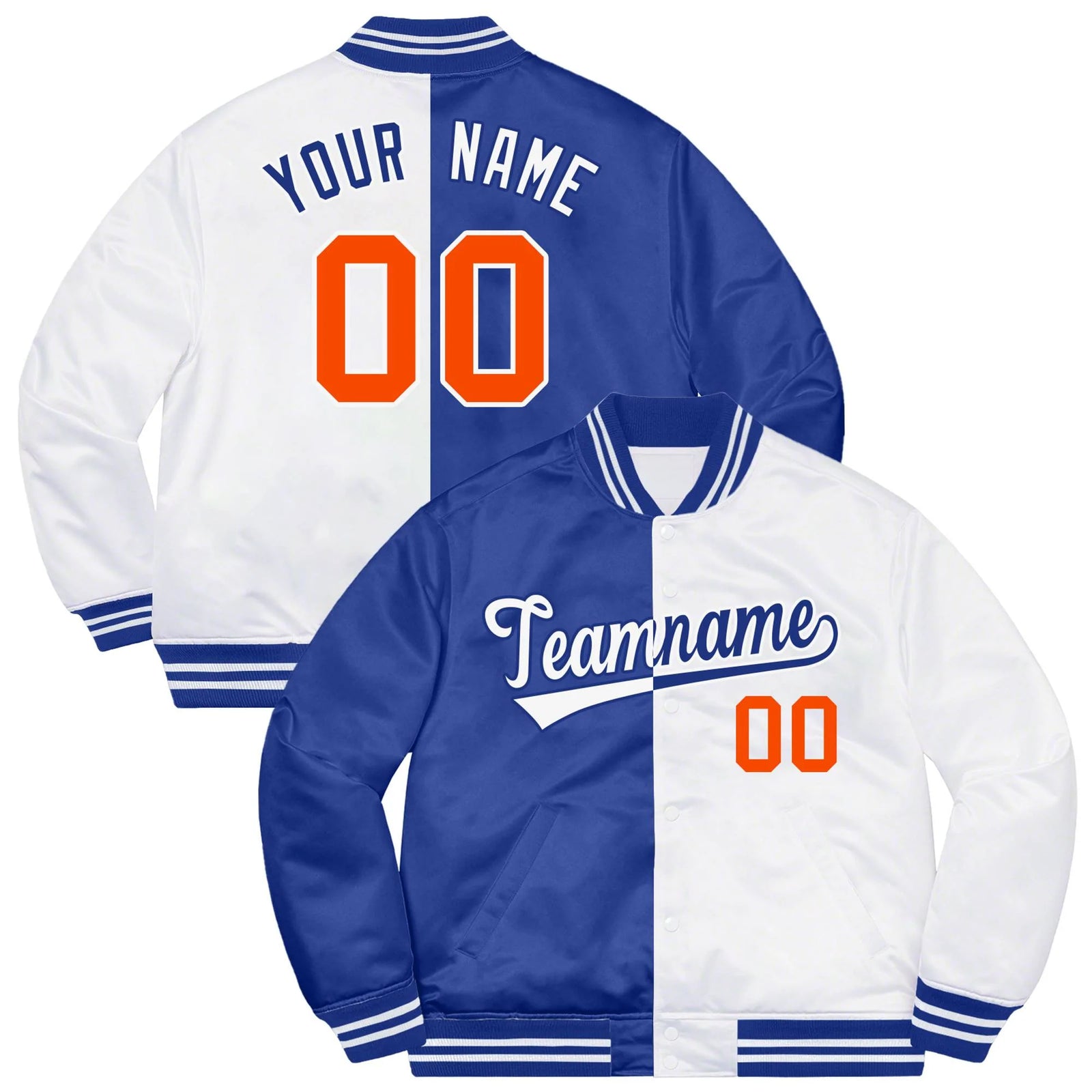 Custom White Royal-Orange Letterman Two Tone Split Fashion Bomber Varsity Jacket