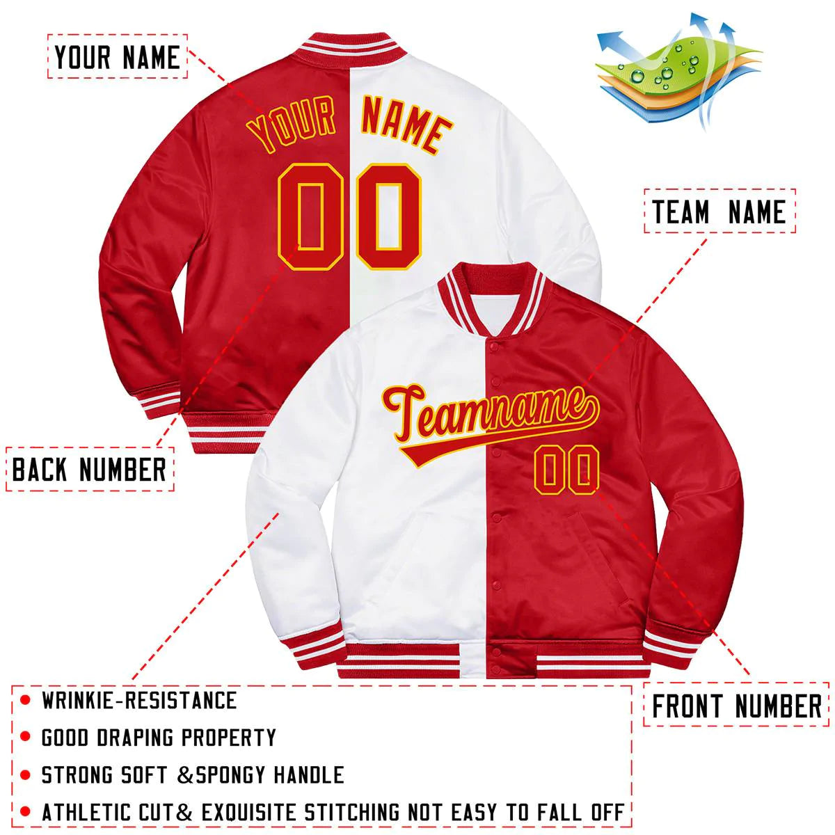 Custom Red White-Gold Letterman Two Tone Split Fashion Bomber Varsity Jacket