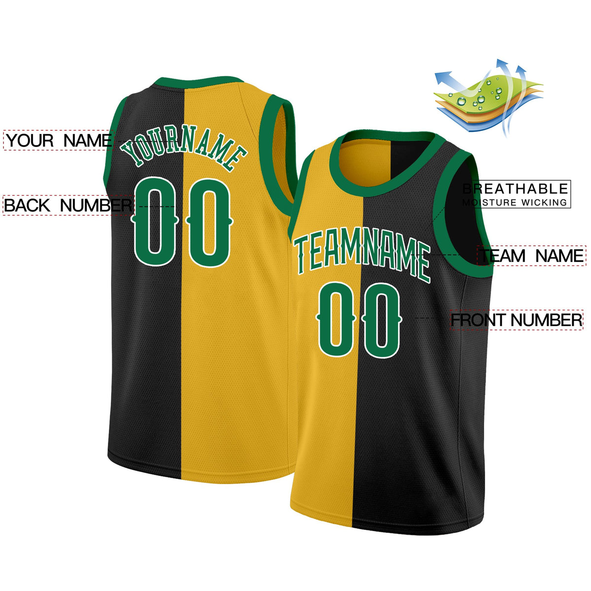 Custom Black Yellow-Green Split Fashion Tops Basketball Jersey