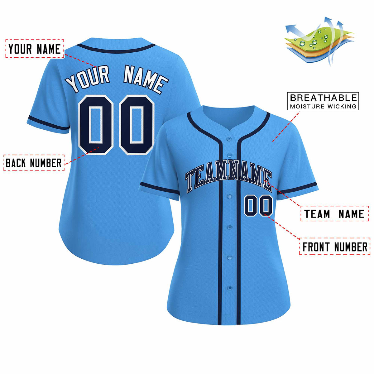 Custom Powder Blue Navy White Classic Style Baseball Jersey for Women