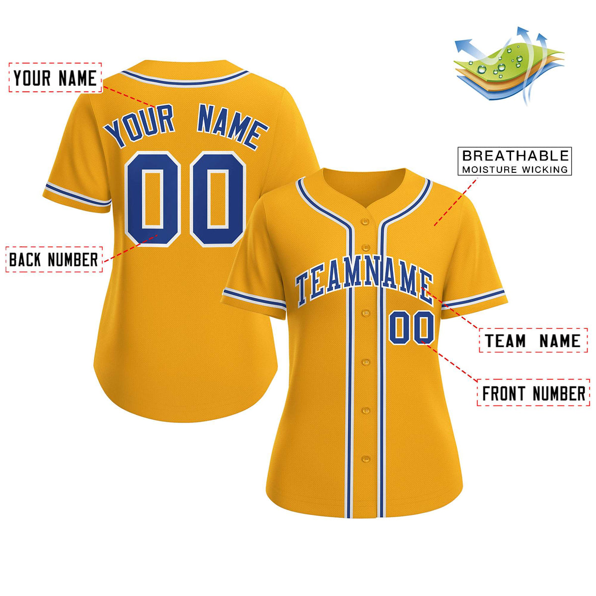 Custom Gold Royal-White Classic Style Baseball Jersey For Women