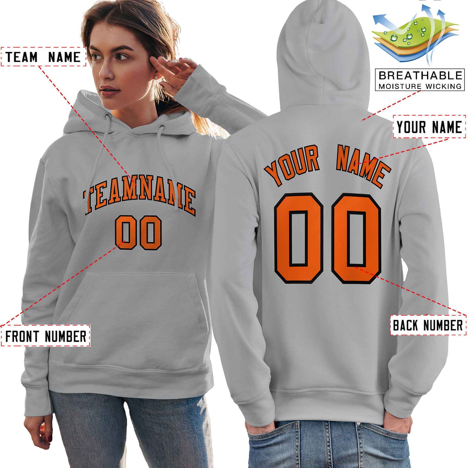 Custom Gray Orange-Black Classic Style Personalized Sport Pullover Hoodie
