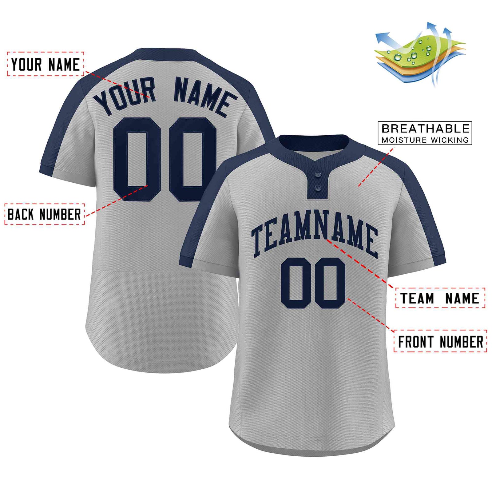 Custom Gray Navy Classic Style Authentic Two-Button Softball Jersey
