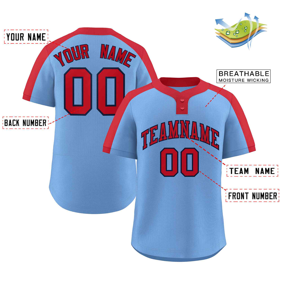 Custom Light Blue Red-Navy Classic Style Authentic Two-Button Softball Jersey