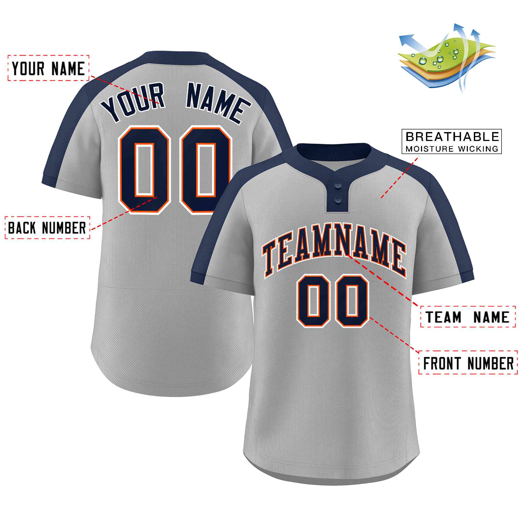 Custom Gray Navy-Orange Classic Style Authentic Two-Button Softball Jersey