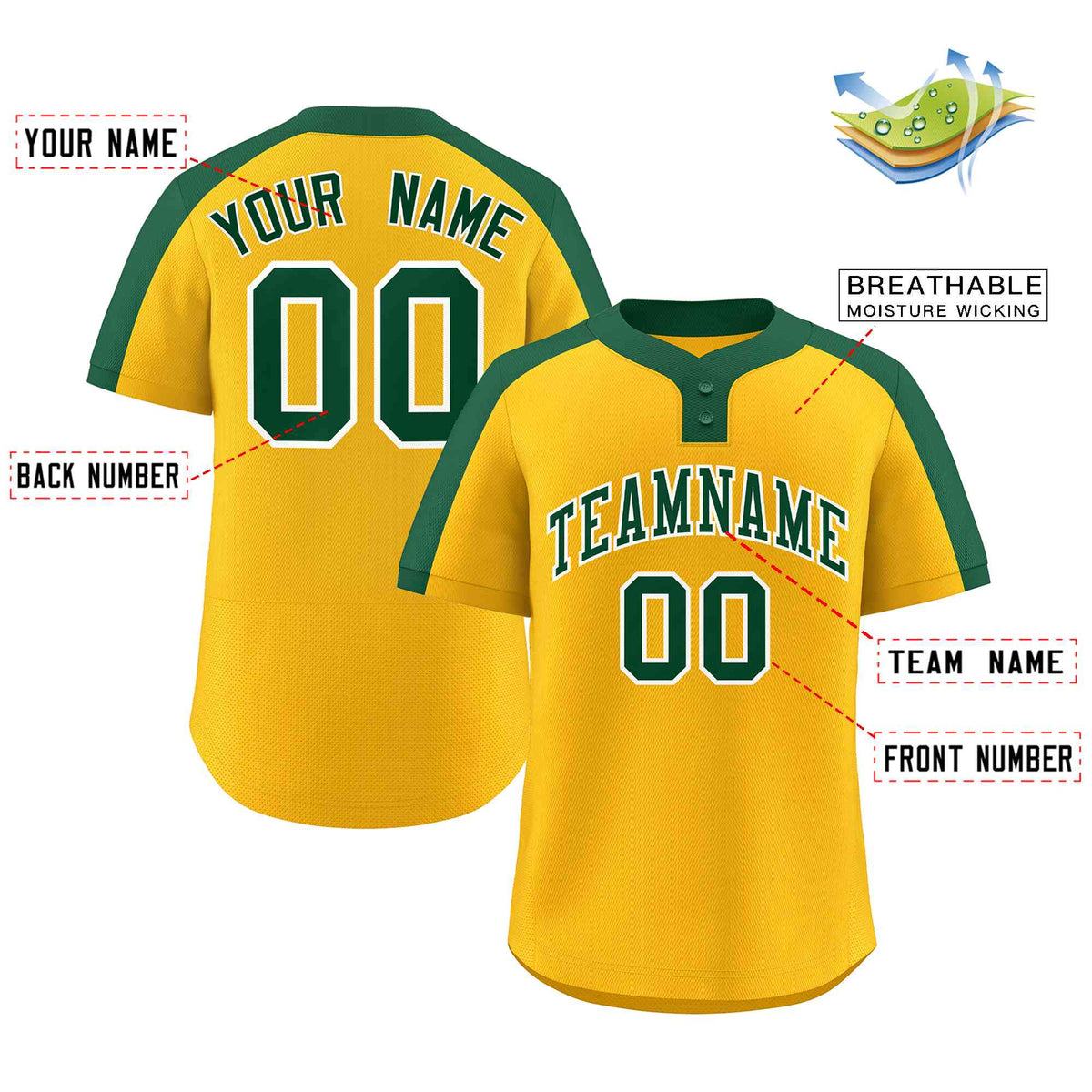 Custom Gold Green-White Classic Style Authentic Two-Button Softball Jersey