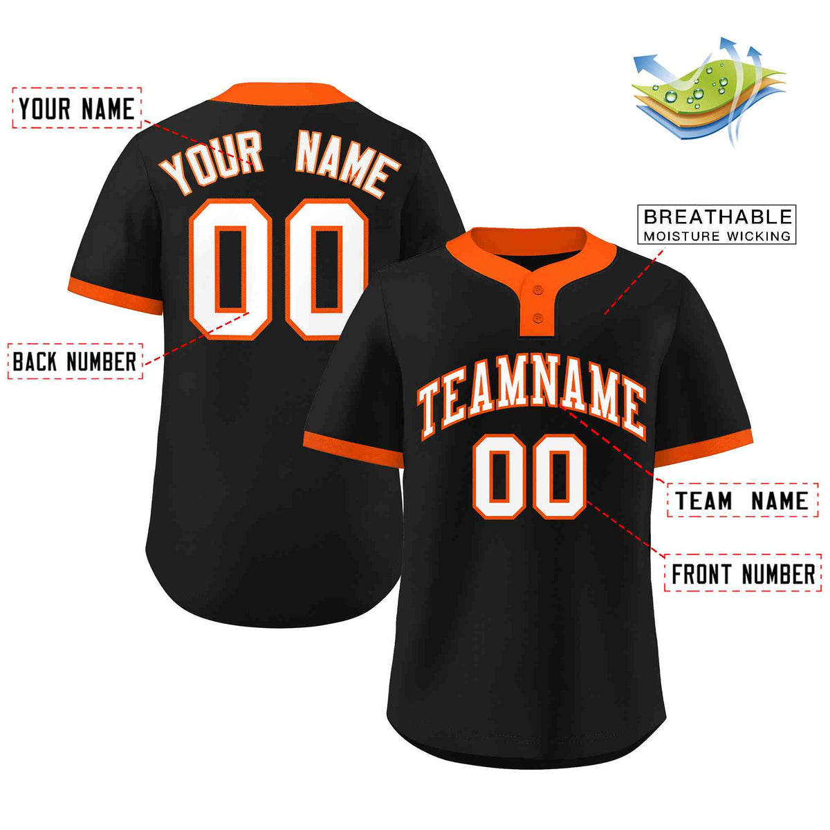 Custom Black White-Orange Classic Style Authentic Two-Button Softball Jersey